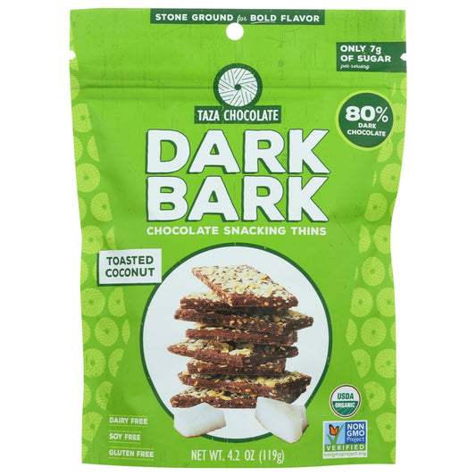 EXPERIENCE THE FLAVOR OF CHOCOLATE IN ITS PUREST FORM WITH A TAZA CHOCOLATE DARK BARK SNACKING THINS WITH TOASTED COCONUT. OUR BARK IS MADE WITH 80% DARK STONE-GROUND CHOCOLATE THAT'S USDA CERTIFIED ORGANIC AND ONLY HAS 7 GRAMS OF SUGAR. WE ENSURE OUR CHOCOLATE IS GLUTEN-FREE, SOY-FREE, VEGAN AND NON-GMO SO THAT A WIDE VARIETY OF PEOPLE CAN ENJOY IT. OUR CHOCOLATE BAR IS ALSO DIRECT TRADE CERTIFIED, MEANING WE UPHOLD FAIR RELATIONSHIPS WITH OUR CACAO FARMERS. INCLUDES ONE 4.2 OZ. BAG OF DARK BARK CHOCOLATE 