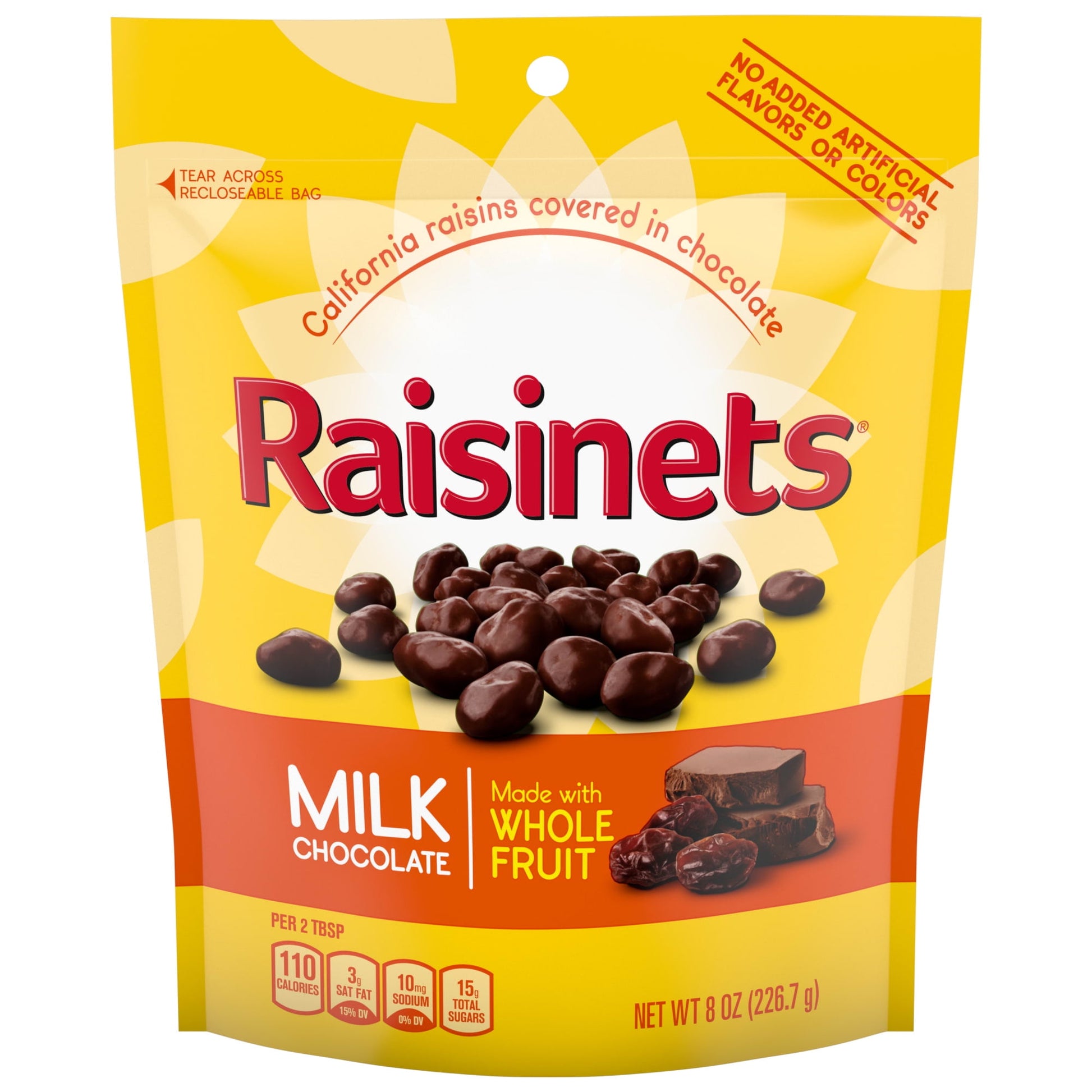 Grab a bag of the perfectly classic, perfectly delicious milk chocolate Raisinets. This classic candy combo of milk chocolate and plump, juicy raisins is a delicious chocolate snack option that can't be beat. Made with sun-ripened, juicy California raisins and gluten-free chocolate, this delicious treat has 30% less fat than the leading chocolate brands and no artificial flavors or colors. Perfect for at-home movie nights, Raisinets bring the fun right to your couch. This resealable bag makes sharing with f