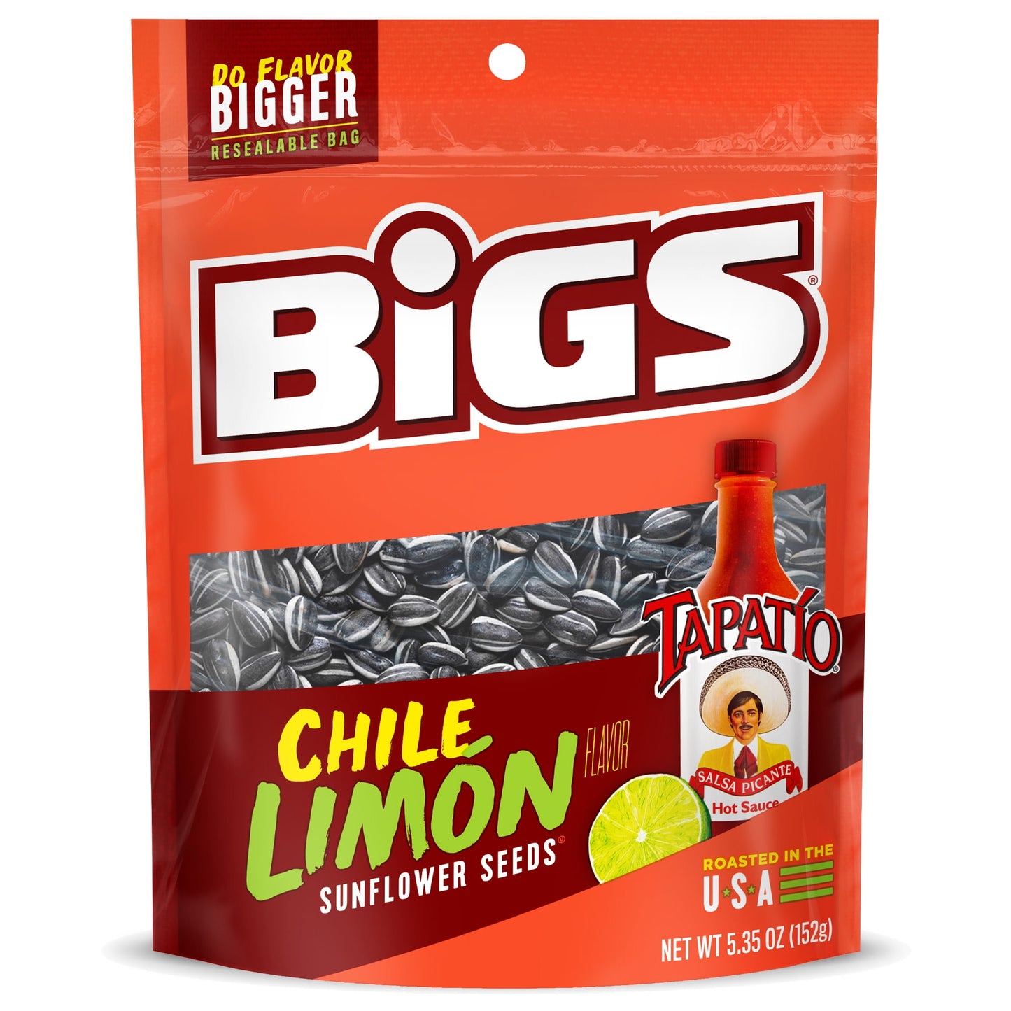 With BIGS Tapatío Chile Limón Sunflower Seeds, we take BIGS signature seeds, season them in Tapatío hot sauce, and add a refreshing hint of lime taste. Try these flavorful seeds today; they're proudly grown in the USA. Enjoy big seeds that are big on flavor and have no artificial colors or preservatives. The 5.35-ounce resealable big bag provides a convenient and tasty snack. Why go small when you can go BIG?