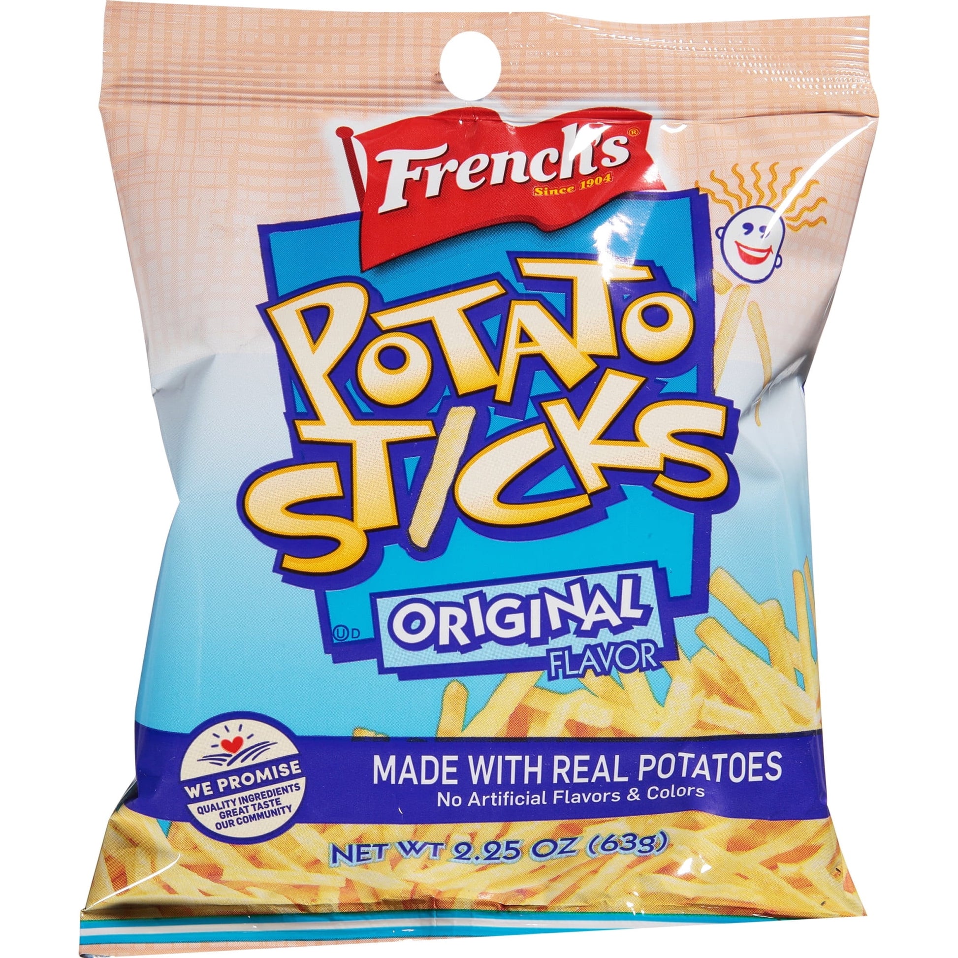 Meet the stick with a kick®: French's® Original Potato Sticks. A popular American potato stick snack since 1935, they're known for their distinctive shape, classic potato flavor and c-r-r-r-runch! A special cooking process gives our Potato Sticks that distinctive crisp texture and taste. Made from 100% real potato, they're exactly that! There are no artificial flavors or colors and no high-fructose corn syrup here. Serve on top of burgers, layered into sandwiches or added to pizza – don't be afraid to get c