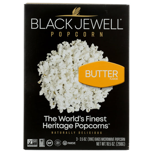 Enjoy the "movie theatre" taste of Natural Butter Flavor Black Jewell Microwave popcorn. A convenient way to enjoy a fun and healthy snack. Pops pure white, contains protective antioxidants, 100 percent Natural Grain, gluten free, cholesterol free and Non-GMO verified.