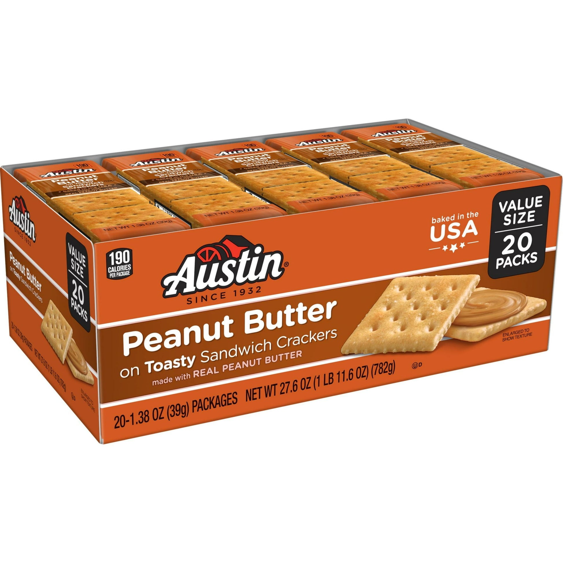 Add a flavorful boost to any snacking occasion with Austin Peanut Butter on Toasty sandwich crackers. These crispy, peanut buttery sandwich crackers are made with an irresistible creamy filling, craveable real peanut butter, and a sprinkle of salt. Austin Peanut Butter on Toasty sandwich crackers provide snacking satisfaction for any occasion, whether you're just hanging out around the house or preparing to head out for an exciting excursion; Take them along to an outdoor concert, while you're hiking or cam