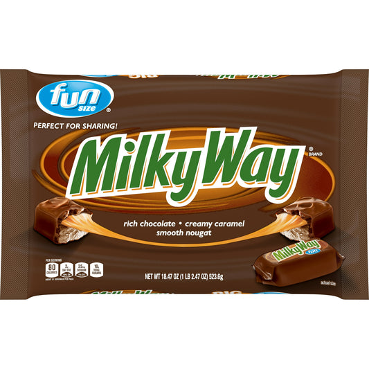 Smooth nougat, creamy caramel, and rich milk chocolate, that's what some might call the MILKY WAY trifecta. A treat this delectable is too good not to share. Individually wrapped bulk Fun Size MILKY WAY candy bars are ideal for keeping the pantry stocked for movie night with the family and small celebrations with friends. These caramel-filled candy chocolate bars make great on-the-go treats. Pack them in lunches or take them along on family road trips to enjoy caramel chocolate candy wherever you go. MILKY 