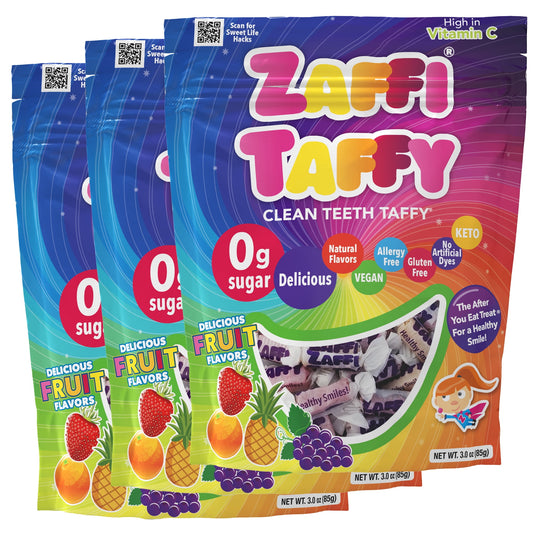 Zollipops Zero Sugar Sugar Free Candy, Zaffi Taffy Chewy Candies, High in Vitamin C, Keto, Vegan, Allergy Free, 3 oz Bag, 2 Pack Zollipops candy treats are delicious with natural flavors and tooth-friendly ingredients. Just when you thought life couldn’t get any sweeter - our sugar free candy is actually good for your teeth. How is this possible? Thanks to the unique blend of ingredients in Zollipops, Zolli Drops, and Zaffi Taffy, our 100 percent zero sugar, sugar-free assorted candy helps reduce acidity, n