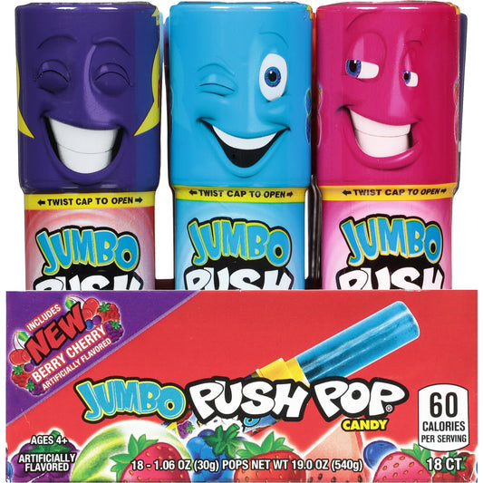 Discover the joy of Jumbo Push Pop Gluten Free Candy, the ultimate lollipop and essential party candy for kids. Its spring-loaded mechanism delivers explosive fruity flavors, making it a hit for candy bags at birthdays and party bags. Encased in a durable, portable case with a clip-on cap, it's perfect for enjoying anywhere, anytime. 18 Count Lollipop Candy Tray includes a variety of flavors including Strawberry, Blue Raspberry, Berry Blast, Watermelon, and the new Cherry Watermelon. Jumbo Push Pop is the i