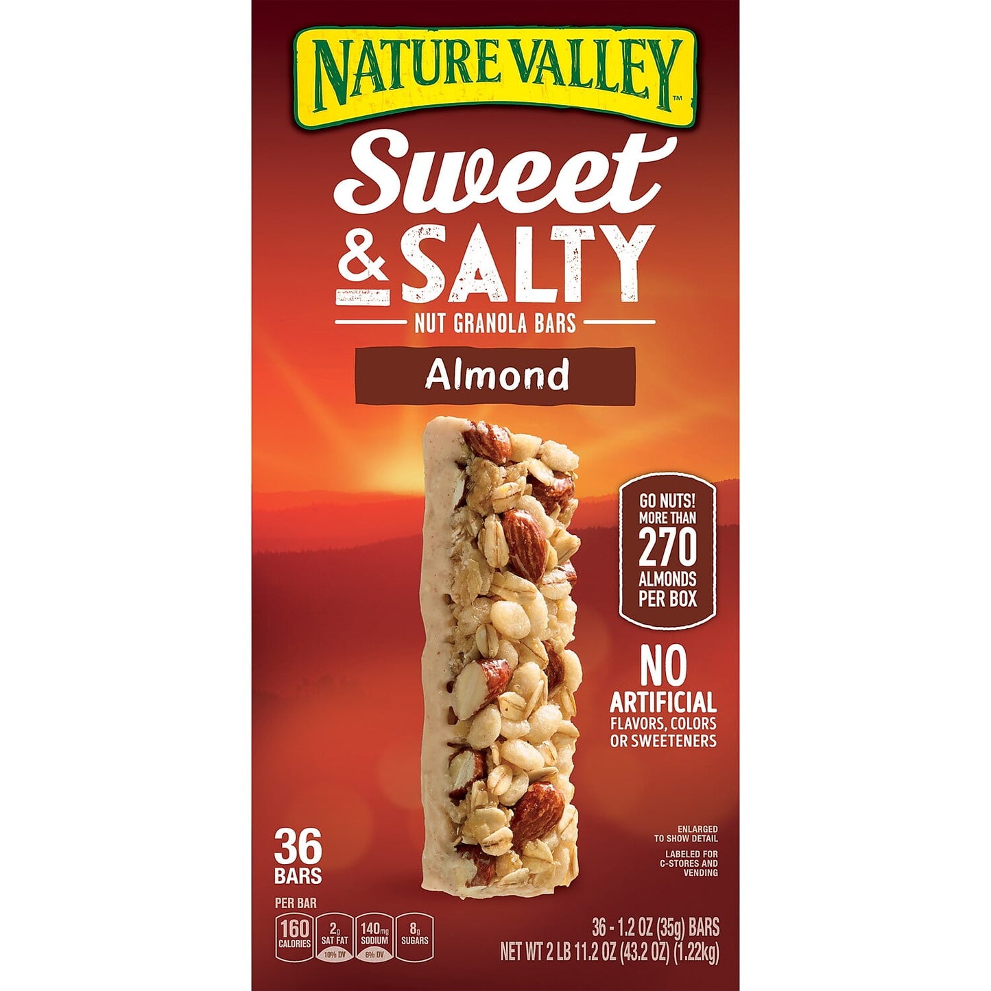 Delight in the taste of these almond granola bars. They're made without artificial flavors, colors, or sweeteners for a more healthy treat. Each bar is individually wrapped for convenience. This box of Nature Valley granola bars has 36 bars, so you won't have to restock for a while. • Granola bars are made with roasted almonds, whole grain oats and almond butter. • A delicious snack that gives your body a burst of energy and provides a wholesome treat for your taste buds. • A perfect balance of savory nuts 