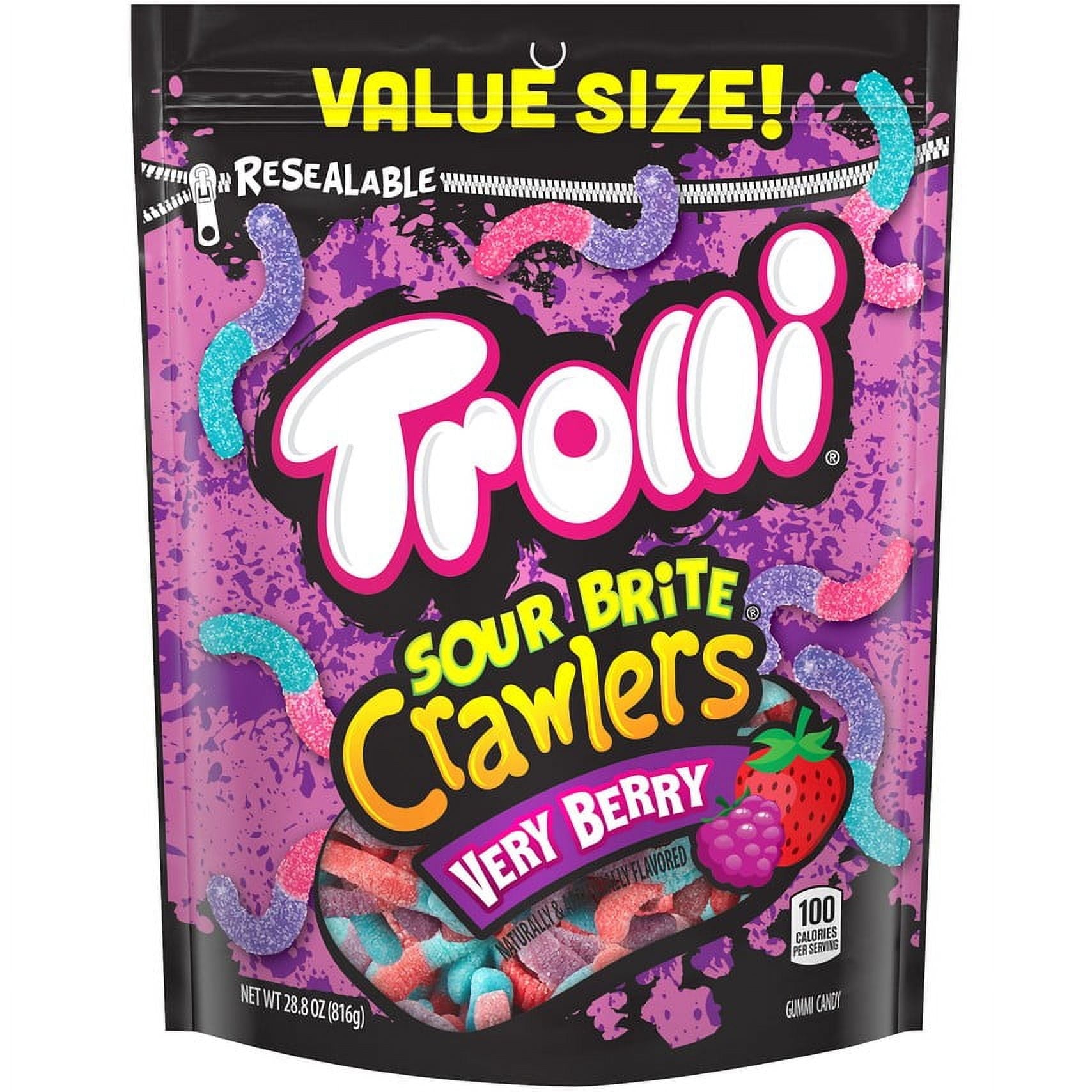 Trolli Sour Brite Crawlers Very Berry are a very berry, tooth-tickling twist on the original sour gummy worm in three fruity flavor combinations: Raspberry-Blueberry, Strawberry-Blackberry and Blue Raspberry-Berry Punch.