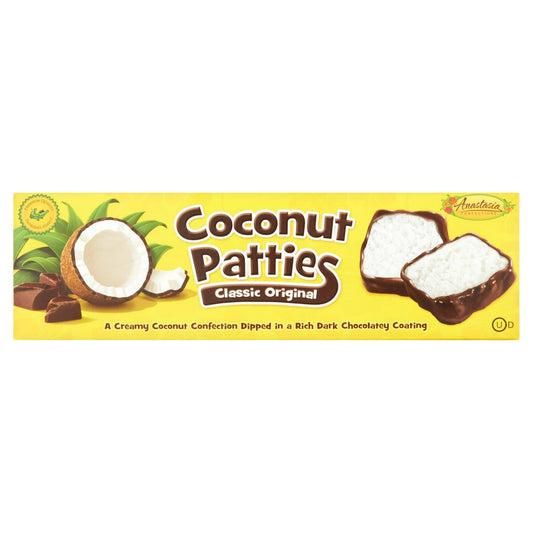 Anastasia Confections Coconut Patties are a creamy treat dipped in a rich dark chocolate coating. Though the company began in Florida, these little gems are a nationwide favorite. This package contains nine individually wrapped square portions so they stay fresher longer. Add them to your lunch box or keep them in your desk at work for an afternoon pick-me-up snack. These original coconut patties are free of trans fat and cholesterol. Each bite is made up of a smooth, shredded texture that is a favorite for