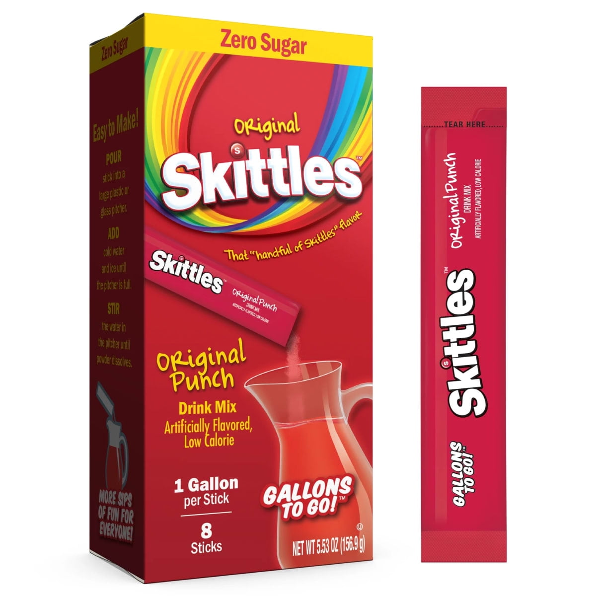 Taste the Rainbow! Skittles Drink Mix is a delicious treat for kids and adults alike. This pack includes eight individual on-the-go packets, enough to make one gallon of flavored water each, in a delicious Original Punch Skittles flavor. Skittles Original Punch Drink Mix is sugar-free, caffeine-free, lactose-free, and fat-free, with only 5 calories per serving. Perfect for on-the-go or after-school snacks, pool days, or picnics, this flavored drink mix is easy to prepare and easy to sip on. Add to a pitcher