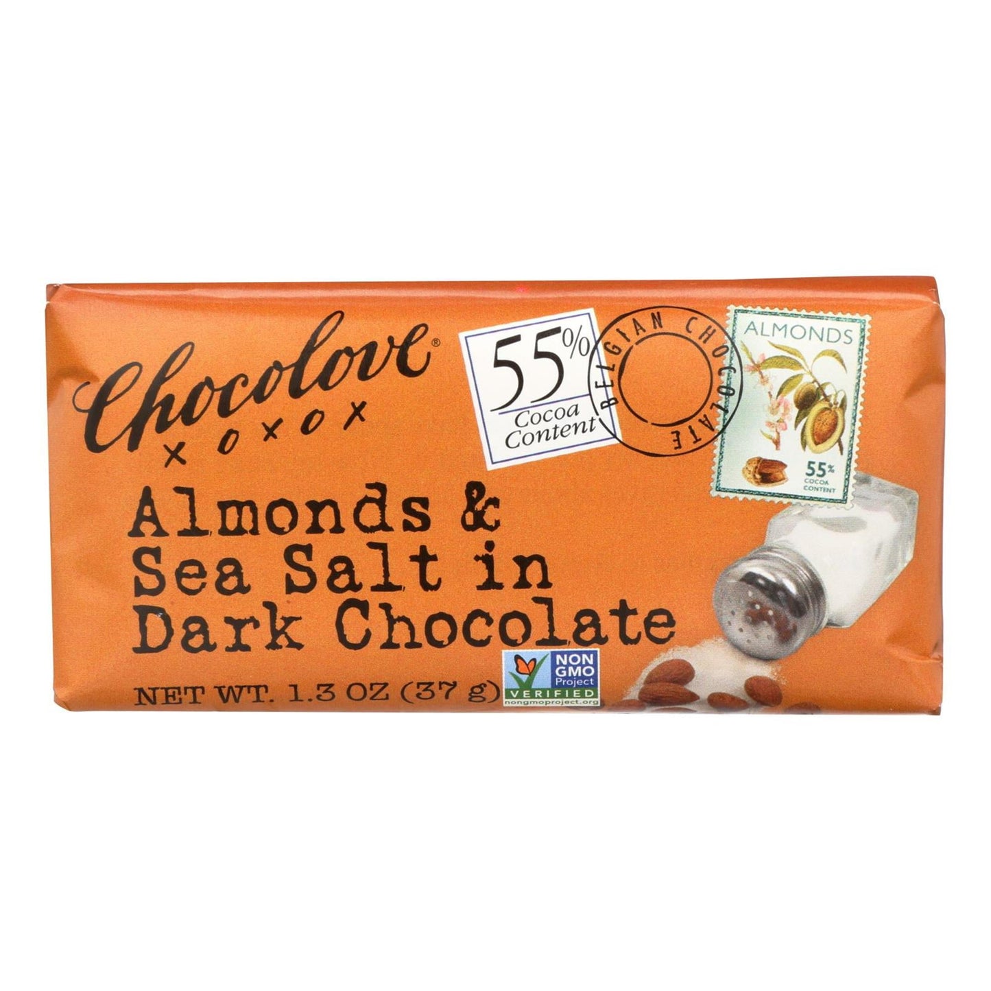 CHOCOLOVE ALMONDS AND SEA SALT IN DARK CHOCOLATE BAR IS A 1.3 OZ. BAR WITH DARK SEMISWEET CHOCOLATE, WHOLE DRY ROASTED ALMONDS AND SEA SALT. AT FIRST BITE, CRUNCHY ALMONDS RELEASE THEIR FLAVOR IN A SWIRL WITH CHOCOLATE. THE SEA SALT CRYSTALS CONTINUALLY RESET YOUR SWEET TASTE BUDS AND MAKE A TANTALIZING TASTE COMBINATION THAT KEEPS YOU WANTING MORE. OUR CHOCOLATE IS MADE WITH COCOA CERTIFIED BY IMO AS FOR LIFE, WHICH MEANS IT WAS FARMED IN A SOCIALLY RESPONSIBLE AND ETHICAL MANNER. ALL OF THE COCOA BEAN DER