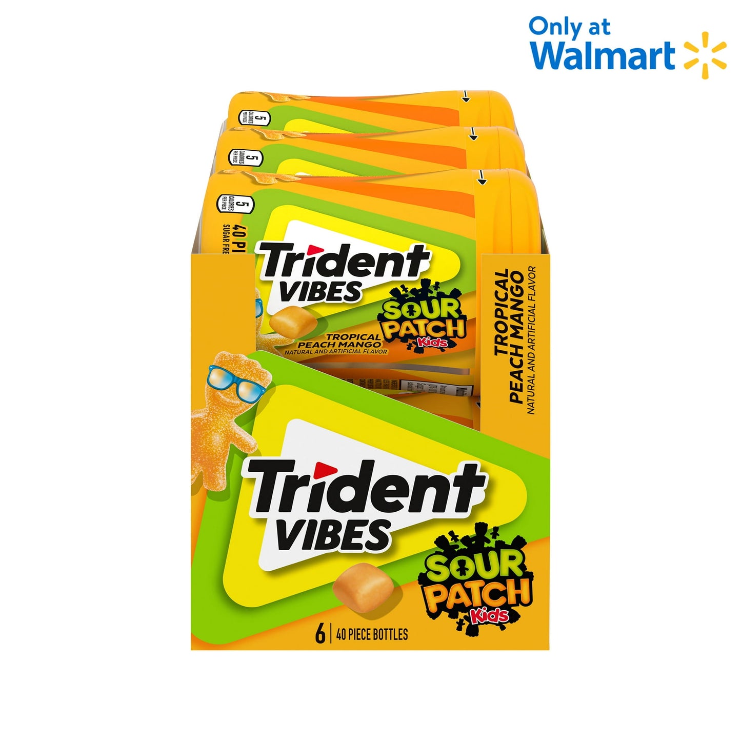 Trident Vibes SOUR PATCH KIDS Tropical Peach Mango Gum packs all the fun of your favorite sour candy into a sugar-free gum that delivers a delicious, long-lasting chewing experience in a convenient bottle pack. This sugarless gum has only 5 calories per piece and is coated with a crunchy candy-like shell that’s packed with the irresistible SOUR THEN SWEET flavor of SOUR PATCH KIDS candy.