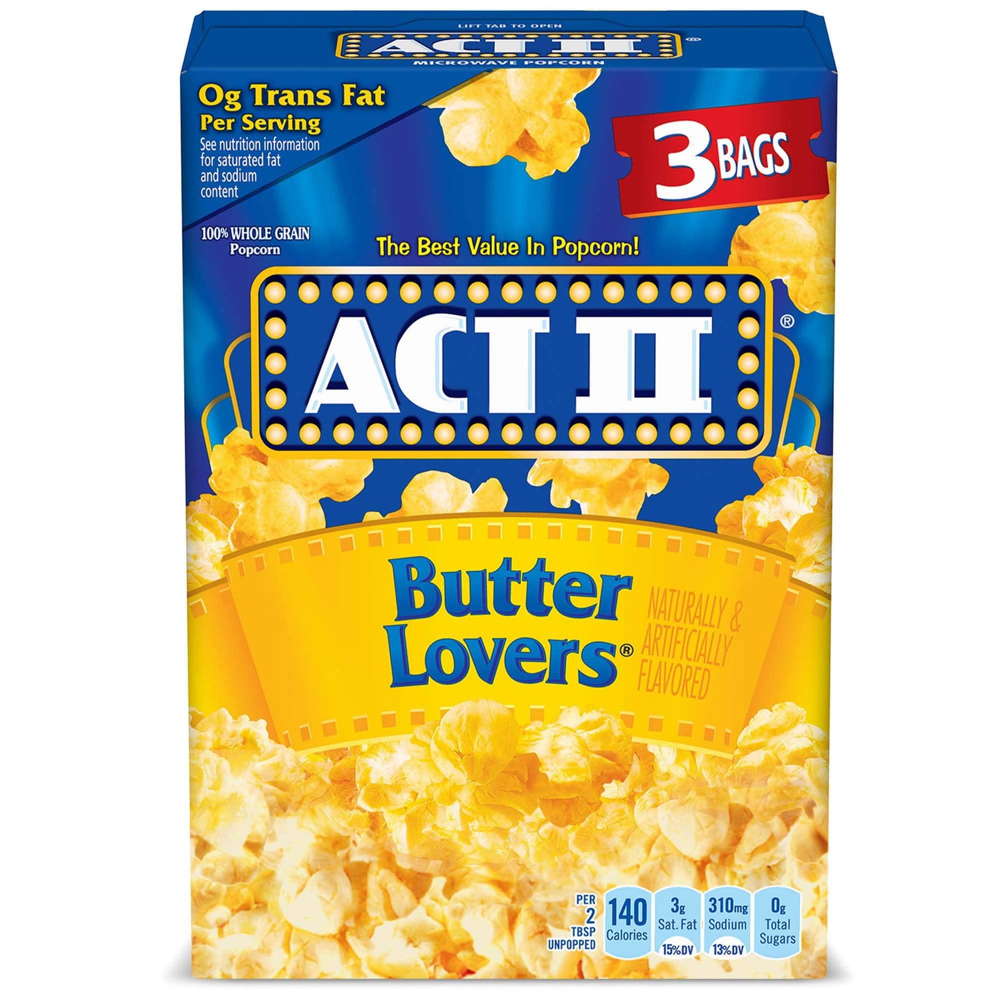 Take your relationship with butter to the next level with a 3-count box of ACT II Butter Lovers Popcorn. Every fluffy kernel of this microwave popcorn is packed with rich, buttery flavor. Plus, it’s made with 100% whole grain popcorn kernels and contains 0 grams of trans fat per serving. When you need a snack with a crunch, ACT II Butter Lovers Popcorn is ready in minutes. This microwave popcorn is the perfect pop-and-go snack for the carpool line, busy afternoons in the office, or a late night treat. Reach