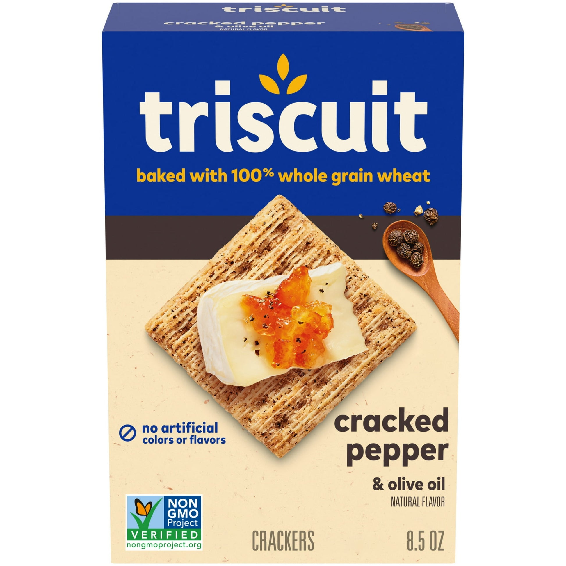 Triscuit Cracked Pepper & Olive Oil Whole Grain Wheat Crackers are made simply with quality ingredients. Baked to perfection, these snack crackers use 100% whole grain wheat proudly grown in the USA and sunflower oil. These crackers have their signature woven texture, are Kosher, Non-GMO, have no artificial colors or flavors and are a good source of dietary fiber (see nutritional information for fat content).