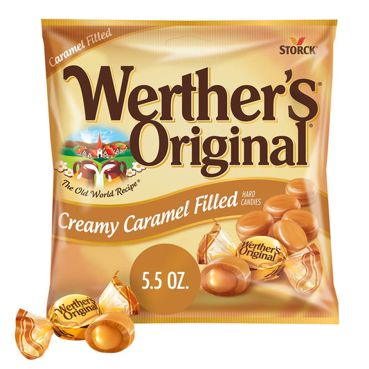 Our Werther's Original Caramel candy with a creamy caramel flavored filling. Werther's Original creamy caramel filled candies feature a hard candy shell, with a smooth, melt in your mouth creamy filling in the center Werther’s Original is made with only the finest ingredients blended together with the same passion and care our first candy maker, Gustav Nebel, brought to every candy he crafted. Made with real butter and fresh cream. Werther's Original Creamy Caramel Filled Candy, 5.5 oz Bag Storck. Shellfish