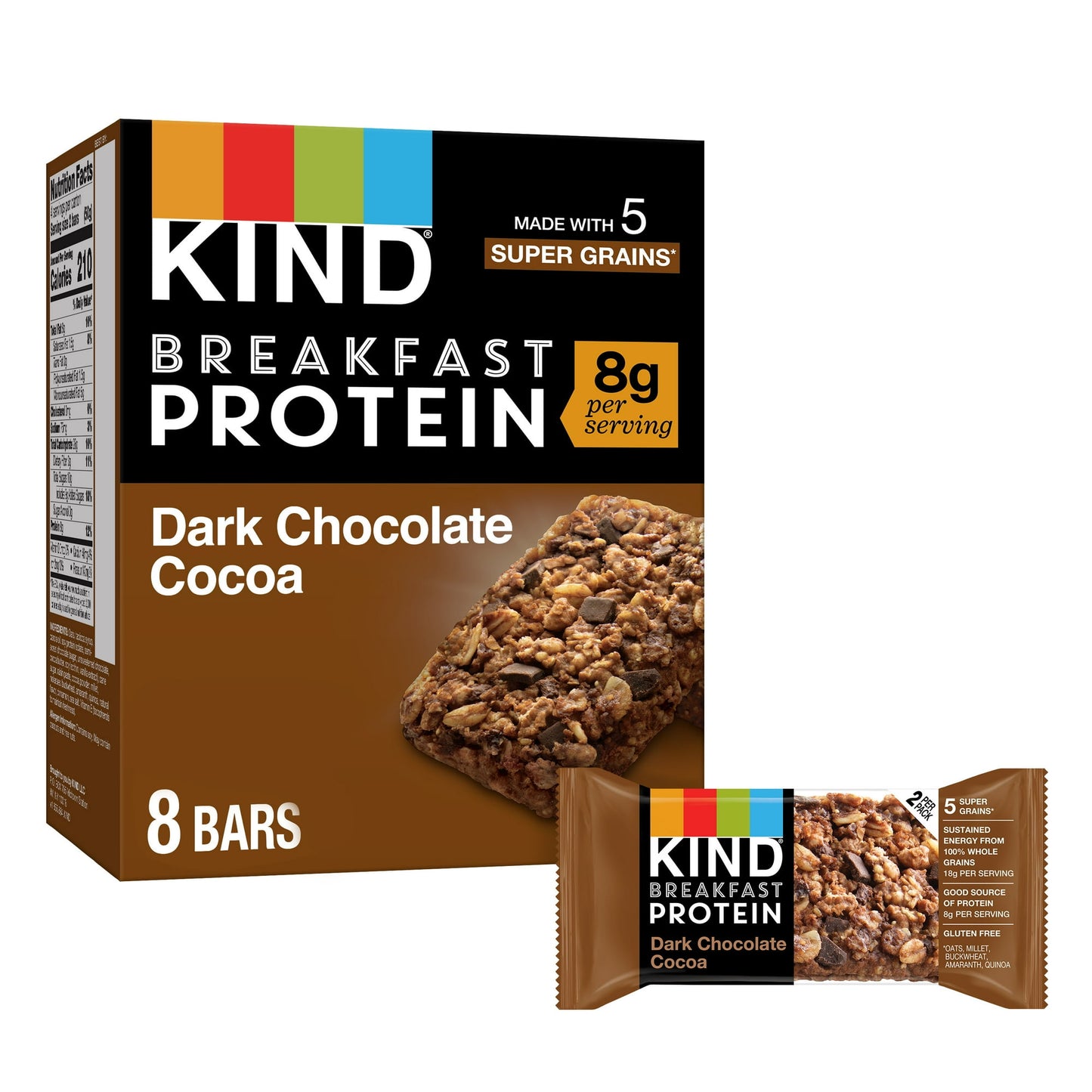 KIND Breakfast Dark Chocolate Cocoa protein bars are a wholesome, healthy snack made with 100% whole grains for sustained energy. KIND Dark Chocolate Cocoa breakfast protein bars are made with five super grains—oats, buckwheat, millet, amaranth and quinoa—and baked with the taste of dark chocolate and cocoa for a chewy, soft baked addition to your breakfast. These KIND bars come in individually wrapped, two pack bars that are perfect for convenient, on-the-go gluten free snacks. Each two bar pack has at lea