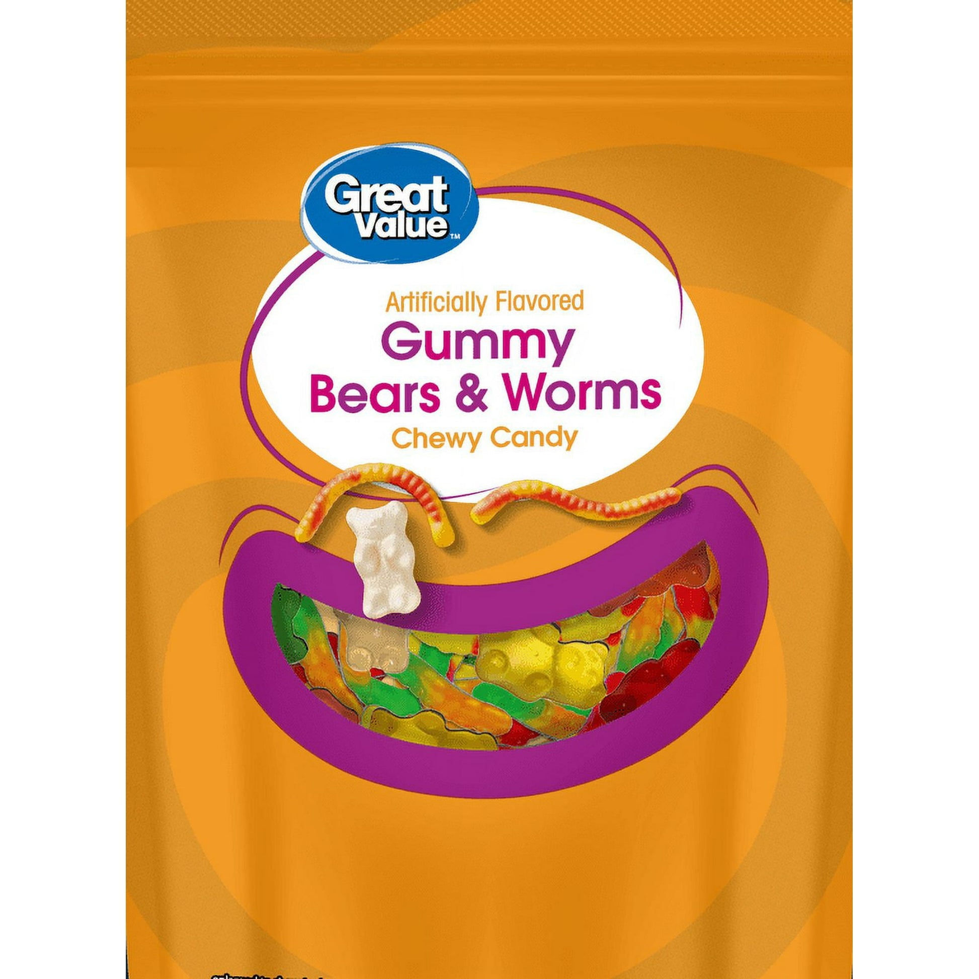 Enjoy the soft, chewy texture, and yummy fruity flavor of Great Value Gummy Bears and Worms. These classically cute bear-shaped and worm-shaped candies are great for kids and the kids at heart. Though each bear or worm is small and adorable, they pack in tons of flavor. Dip them in chocolate, use them to top an ice cream sundae, or just enjoy them straight from the bag. Don't feel bad when you give in to your sweet tooth since these gummy snacks are gluten-free and contain only 100 tiny calories per serving