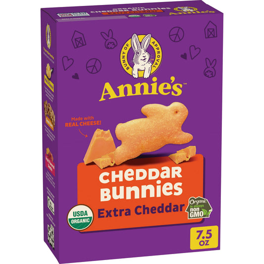 Say cheese! Annie's Organic Cheddar Bunnies with Extra Cheddar snack crackers are sure to bring a smile to your face. USDA Organic and non-GMO, these snack crackers are baked with real cheese and have extra cheddar for a taste that kids love. These bunny-shaped cheese crackers are great for quick snacks or when your family is in the mood for something cheesy and crunchy. And like all Annie's organic snacks for kids, they're made with goodness. That means no artificial flavors, synthetic colors or high fruct