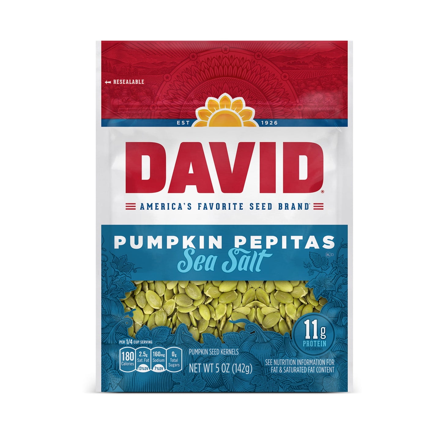 Grab a bag of DAVID Sea Salt Pumpkin Pepitas Seeds for a satisfying snack for moments of fun and reflection. DAVID Seeds also are delicious salad toppers to add a crunchy bite. Pack this salty snack for road trips, movies, sporting events, breaks on the trail and other moments you want the delicious. Each 5-oz. bag features flavored pumpkin seed kernels, also called pepitas, with 180 calories and 11 grams of protein per serving. Since 1926, DAVID Seeds provides a quality difference that you can taste by sel