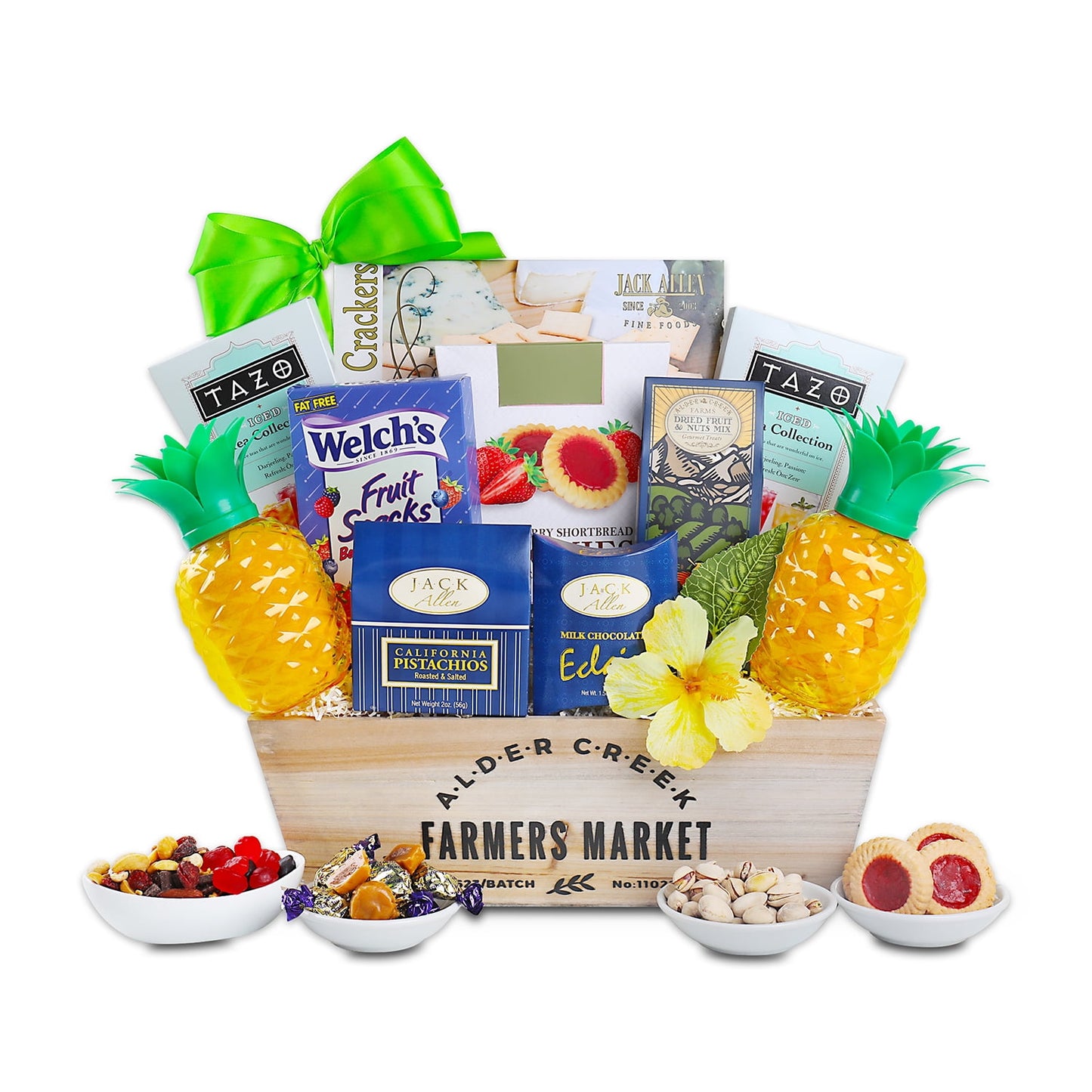 Spend a sunny day enjoying the magnificent treasures this gift basket has to offer. We've hand-selected an assortment of snacks and treats that are perfect for a day at the beach or a picnic in the park. Enjoy light and flavorful treats that will leave you feeling refreshed. Complete with a reusable galvanized tin and two reusable mason jar mugs with straws!