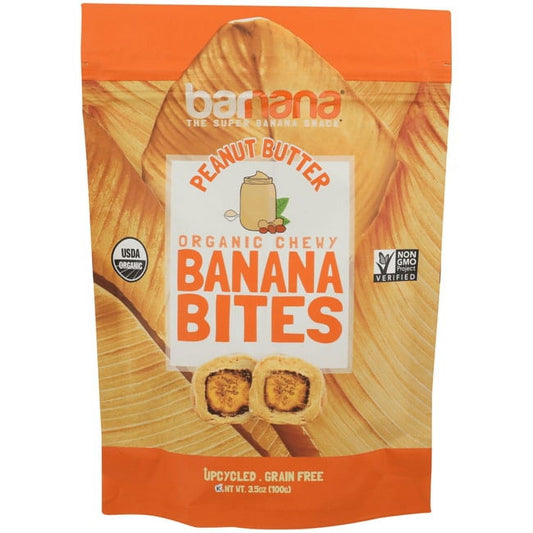 ORGANIC PEANUT CHEWY BANANA BITES HAS A PEANUT BUTTER FLAVOR THAT ARE BITE SIZE MAKIN IT EASY TO SNACK ON AND TO SHARE WITH OTHERS. WE DON’T JUDGE A BANANA BY ITS PEEL, WE TURN THESE BANANAS INTO A TASTY SNACKS AND SAVE THEM FROM GOING TO WASTE. THE PRODUCT IS MADE FROM UPCYCLED BANANAS, MANY BANANAS DON’T QUALIFY TO LEAVE THE FARM BECAUSE THE ARE NOT A PERFECT BUNCH. CHEWY BANANA! MINUS 80% WATER MADE WITH CERTIFIED SUSTAINABLE PALM OIL BY THE RSPO PEANUT BUTTER COATING CREAMY. CHEWY BANANA BITES COME IN A