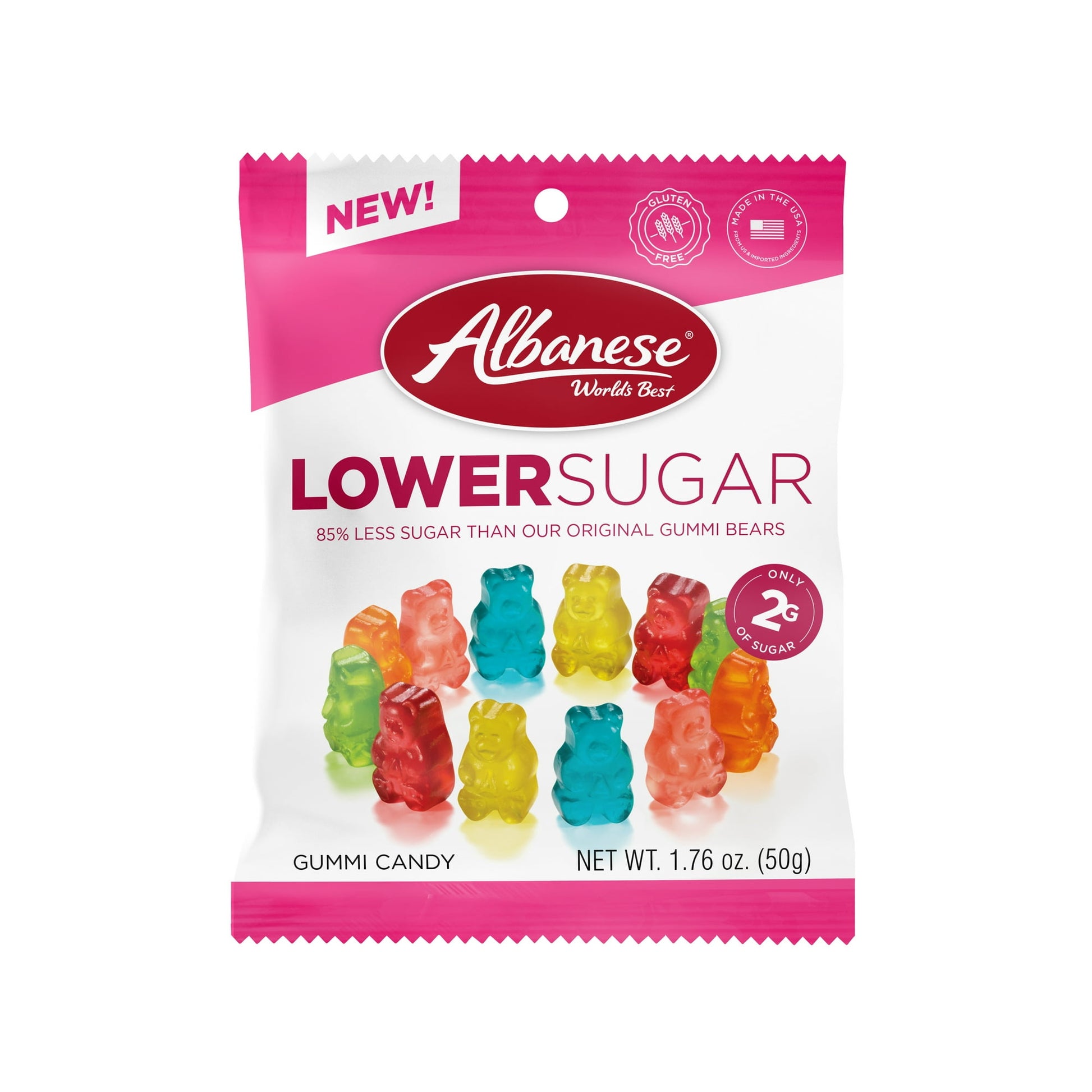 Experience guilt-free delight with Albanese World's Best Lower Sugar Gummi Bears! Each 1.76oz pack is bursting with the same irresistible fruity flavor you love, but with less sugar. These chewy, delicious gummi bears are perfect for those seeking a healthier alternative without compromising on taste. Whether you're snacking on the go or satisfying a craving, enjoy the goodness of Albanese Lower Sugar Gummi Bears today! Regular peg bag.