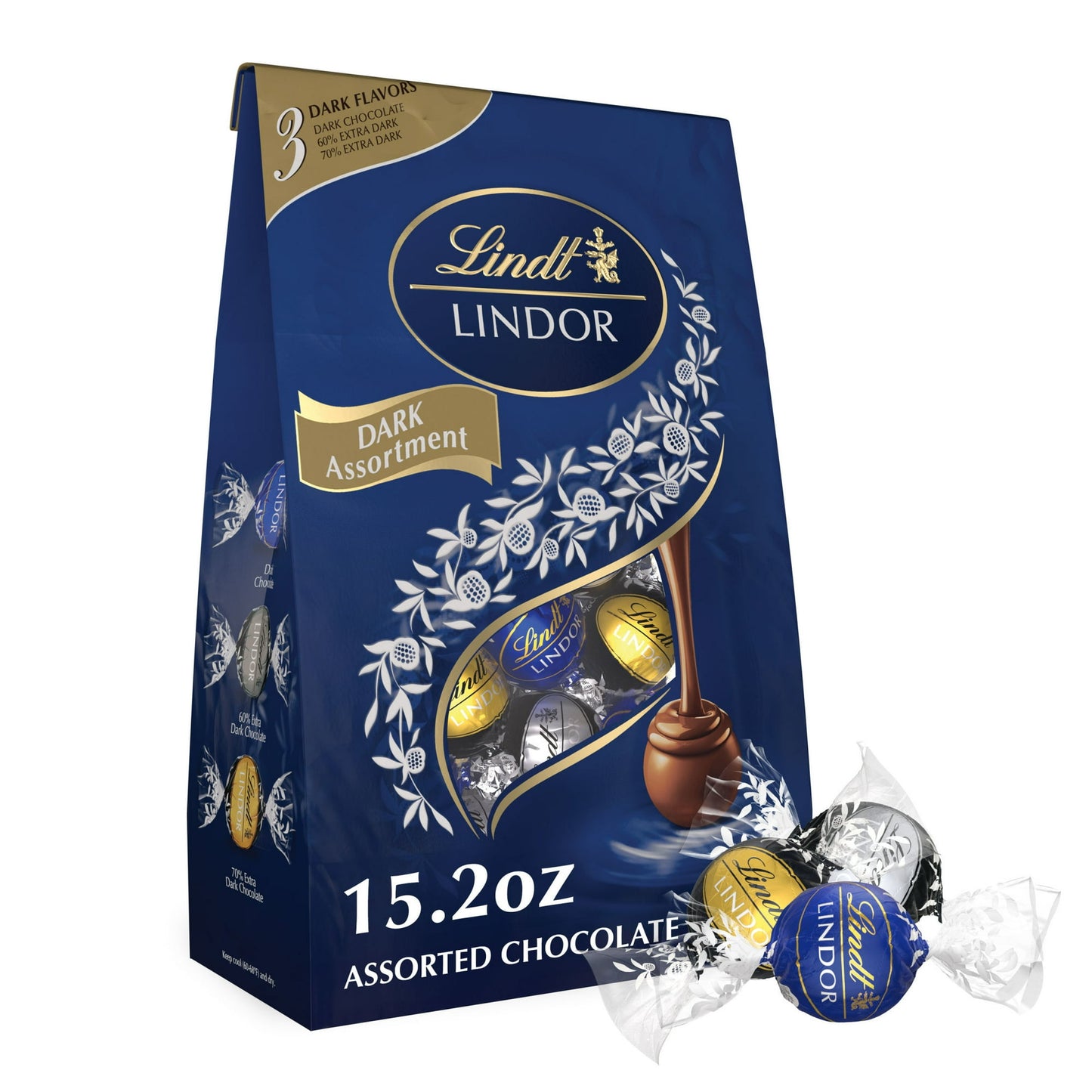 Experience indulgent dark chocolate three ways with Lindt LINDOR Assorted Dark Chocolate Truffles. Surprise the dark chocolate fans in your life with an assorted chocolate candy gift, or share a piece of Lindt LINDOR chocolate as an indulgent after-dinner treat. Each bag features Dark Chocolate, 60% Extra Dark Chocolate and 70% Extra Dark Chocolate truffles, so there's something for everyone. Delicate and indulgent, the chocolate shell on every truffle perfectly surrounds the smooth dark truffle filling, wh