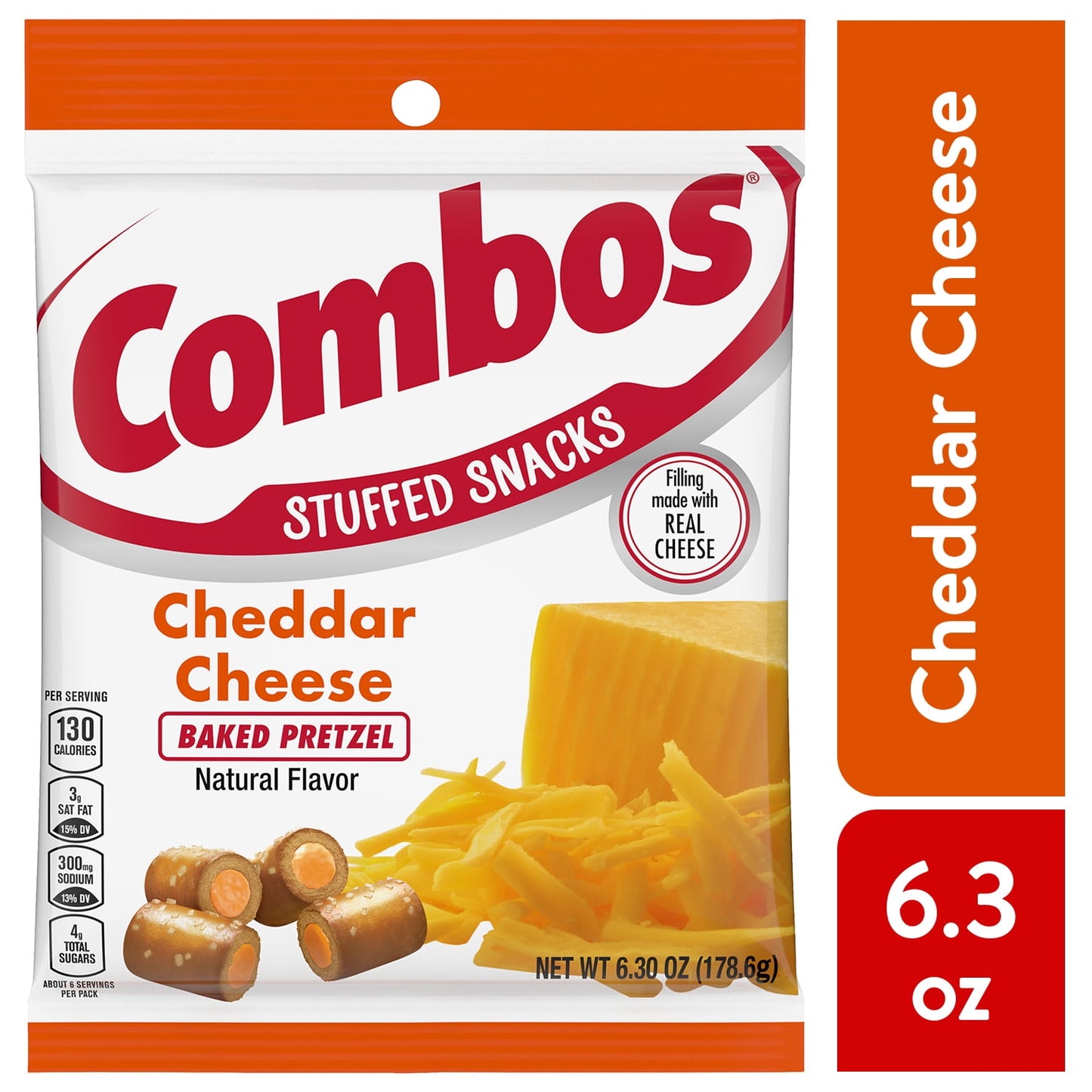 COMBOS Cheddar Cheese Pretzel Baked Snacks are a deliciously savory way to tame your appetite. Crunchy oven baked crackers with filling made with real cheese, creating a classic combination of flavors. Stock up on COMBOS Snacks for road trips, movie nights and packed lunches. Delicious cheddar cheese snack pieces are crunchy and great to enjoy any time of the day. You'll never want to run out of this filling, tasty snack. COMBOS Baked Snacks: Stuffed Full of Awesome. Allergen statement: Contains milk, wheat