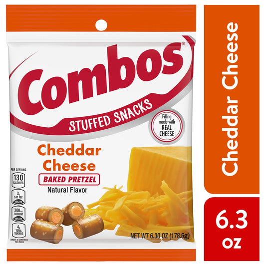 COMBOS Cheddar Cheese Pretzel Baked Snacks are a deliciously savory way to tame your appetite. Crunchy oven baked crackers with filling made with real cheese, creating a classic combination of flavors. Stock up on COMBOS Snacks for road trips, movie nights and packed lunches. Delicious cheddar cheese snack pieces are crunchy and great to enjoy any time of the day. You'll never want to run out of this filling, tasty snack. COMBOS Baked Snacks: Stuffed Full of Awesome. Allergen statement: Contains milk, wheat