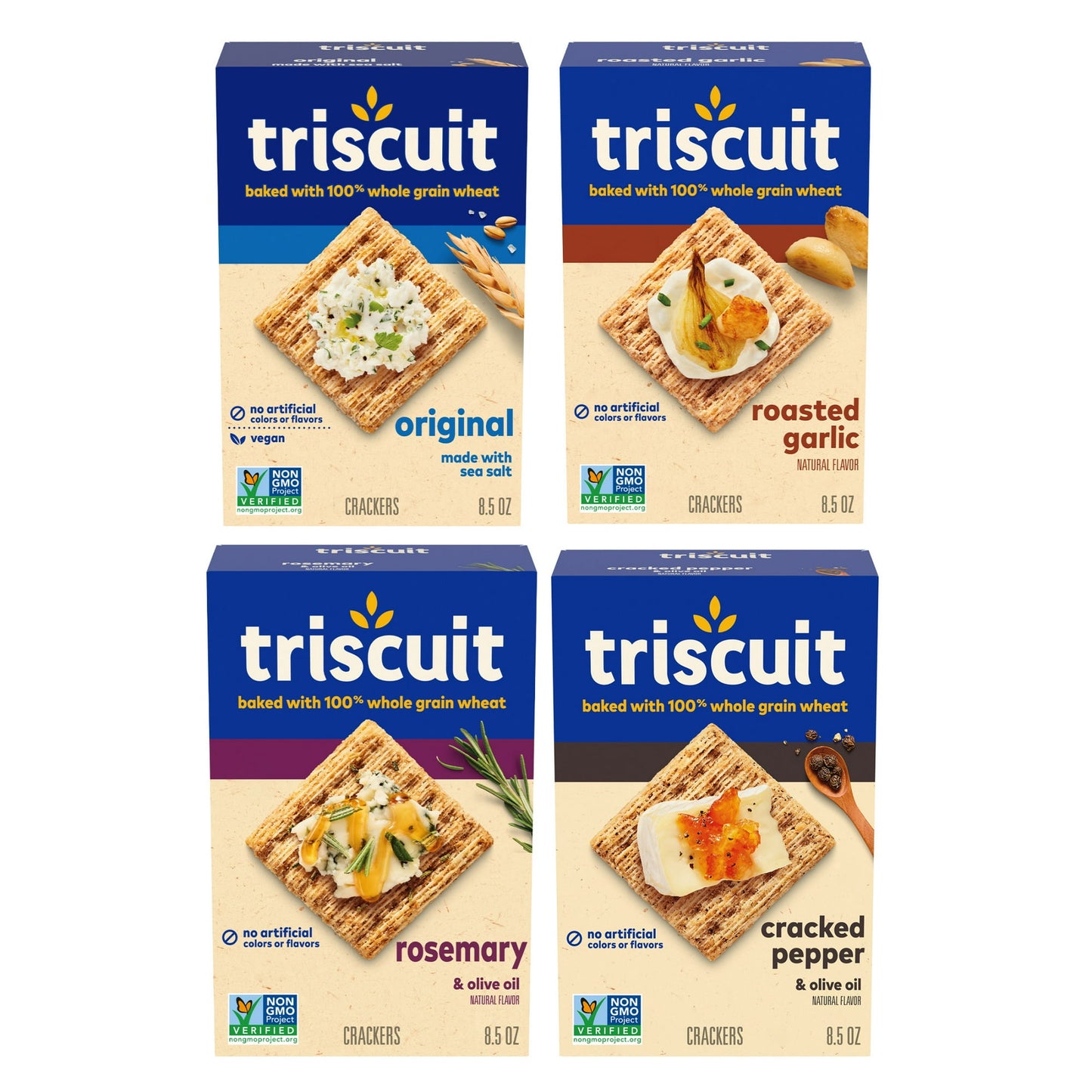 Triscuit Crackers make snacking deliciously uncomplicated. This variety pack lets you try four different flavored snack crackers, Triscuit Original Vegan Crackers, Rosemary and Olive Oil Crackers, Roasted Garlic Crackers and Cracked Pepper and Olive Oil Crackers. Triscuit whole wheat crackers are satisfying salty snacks and are tasty by themselves or with toppings, dips, and spreads. Triscuit crackers cover all your snacking needs, whether you need lunch snacks, crackers for your charcuterie board, on the g