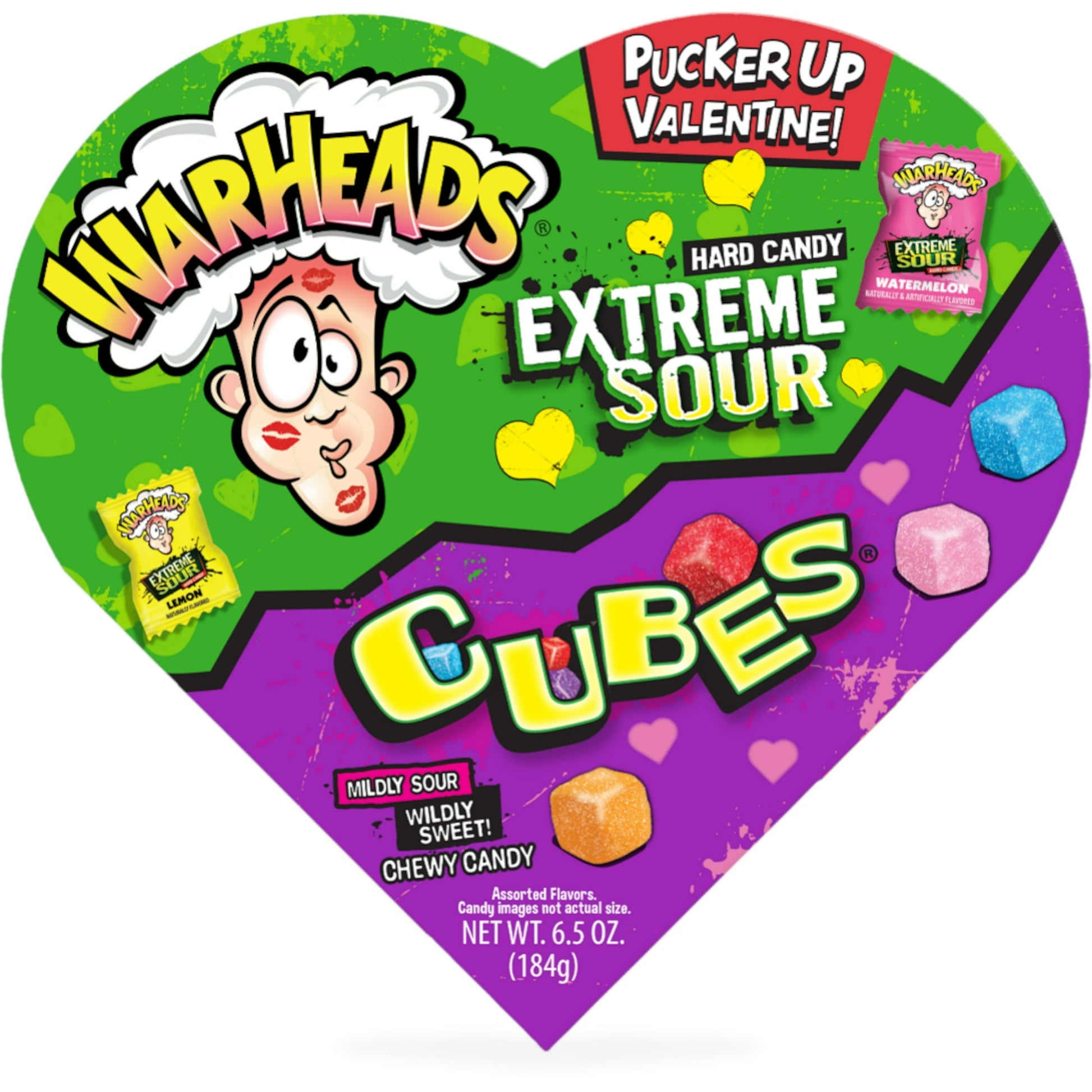 Warheads Extreme Sour Hard Candy and sour chewy Cubes in a heart-shaped box? You won't miss a beat gifting these! The perfect combination of sour candies, ranging from mild (Cubes) to wild (Extreme Sour Hard Candy) to make any sour candy fan pucker up (and maybe even fall in love) this Valentine’s Day! Love may be sweet, but we love SOUR! Allergen statement not available.