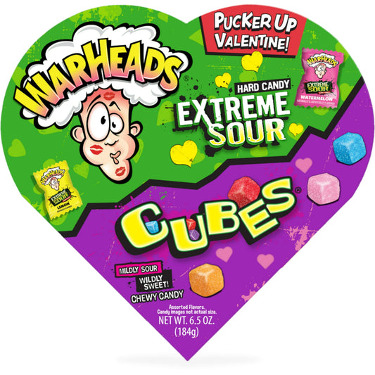 Warheads Extreme Sour Hard Candy and sour chewy Cubes in a heart-shaped box? You won't miss a beat gifting these! The perfect combination of sour candies, ranging from mild (Cubes) to wild (Extreme Sour Hard Candy) to make any sour candy fan pucker up (and maybe even fall in love) this Valentine’s Day! Love may be sweet, but we love SOUR! Allergen statement not available.