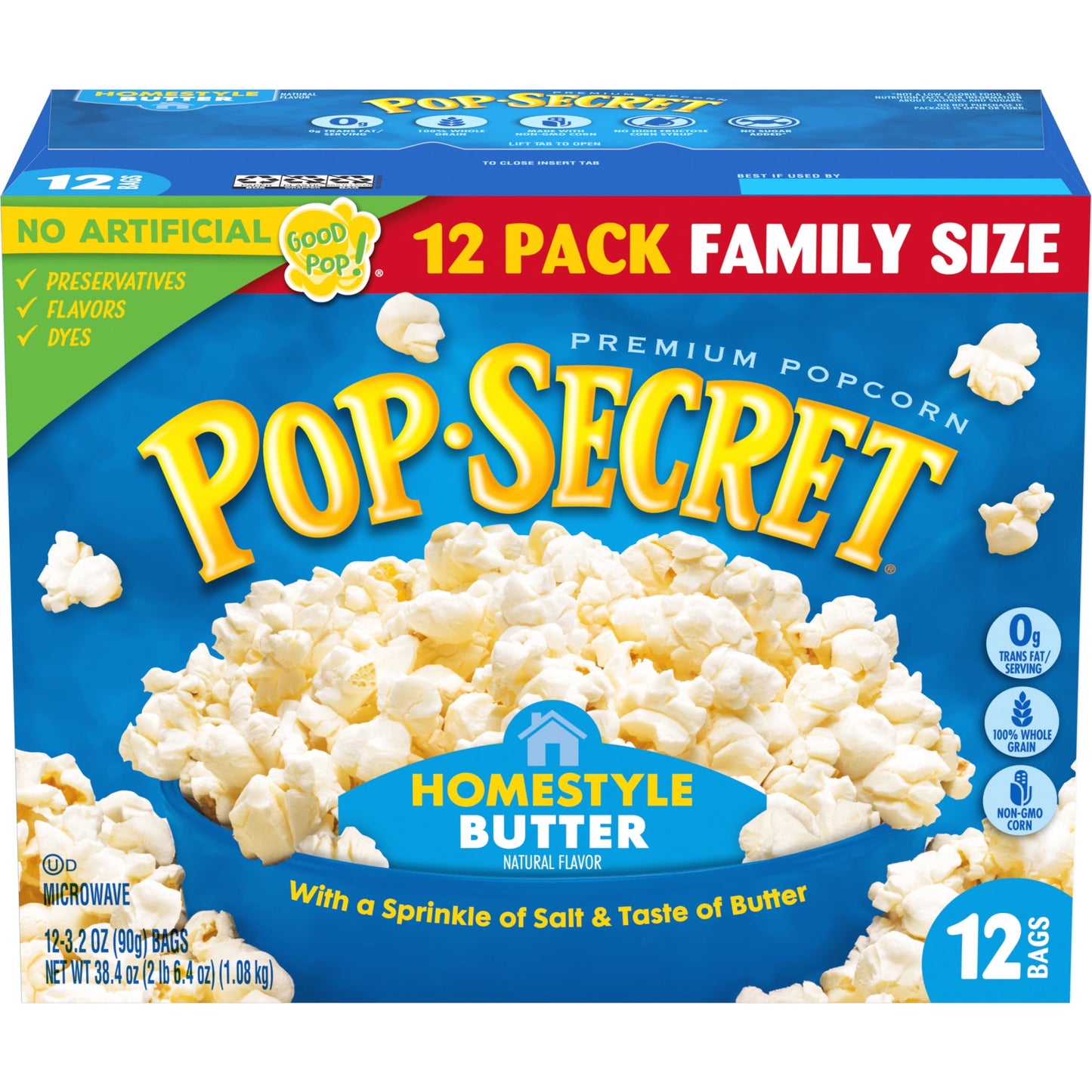 With Homestyle Butter Flavor Popcorn from Pop Secret, we're going back to our roots! This Pop Secret recipe delivers a taste of home with its sprinkle of buttery flavor and kernels that pop up light and fluffy. Start popping and get ready for people to follow the amazing aroma. Our homestyle microwaveable popcorn bags pop up fast, hot, and delicious. They’re perfect for movie night, TV time or any time you’re craving a buttery-tasting snack. And with more than 3 servings in each of our popcorn bags, Pop Sec