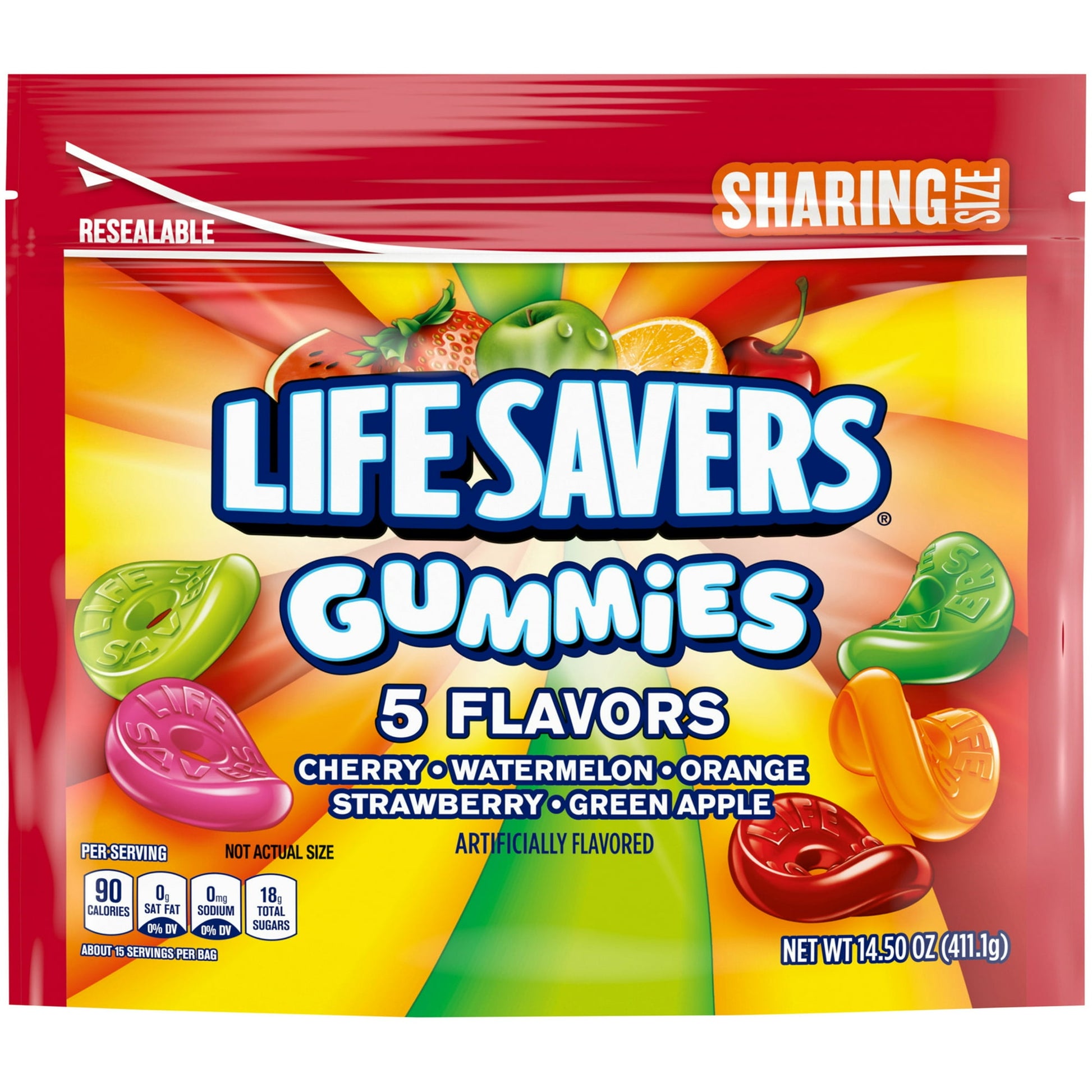 Get ready for a hole-lot of fun with our LIFE SAVERS Gummies Candy. These soft and sweet colorful fruit flavored treats are sure to brighten up your day! This sharing size resealable bag contains the delicious assorted fruit flavors of cherry, watermelon, green apple, strawberry, and orange. Yum! Your guests will love it when you stock your candy buffets and favor bags with LIFE SAVERS Gummies chewy fruit candy. Need a midday pick me up? When you share a handful of fruity LIFE SAVERS at the office, you'll b