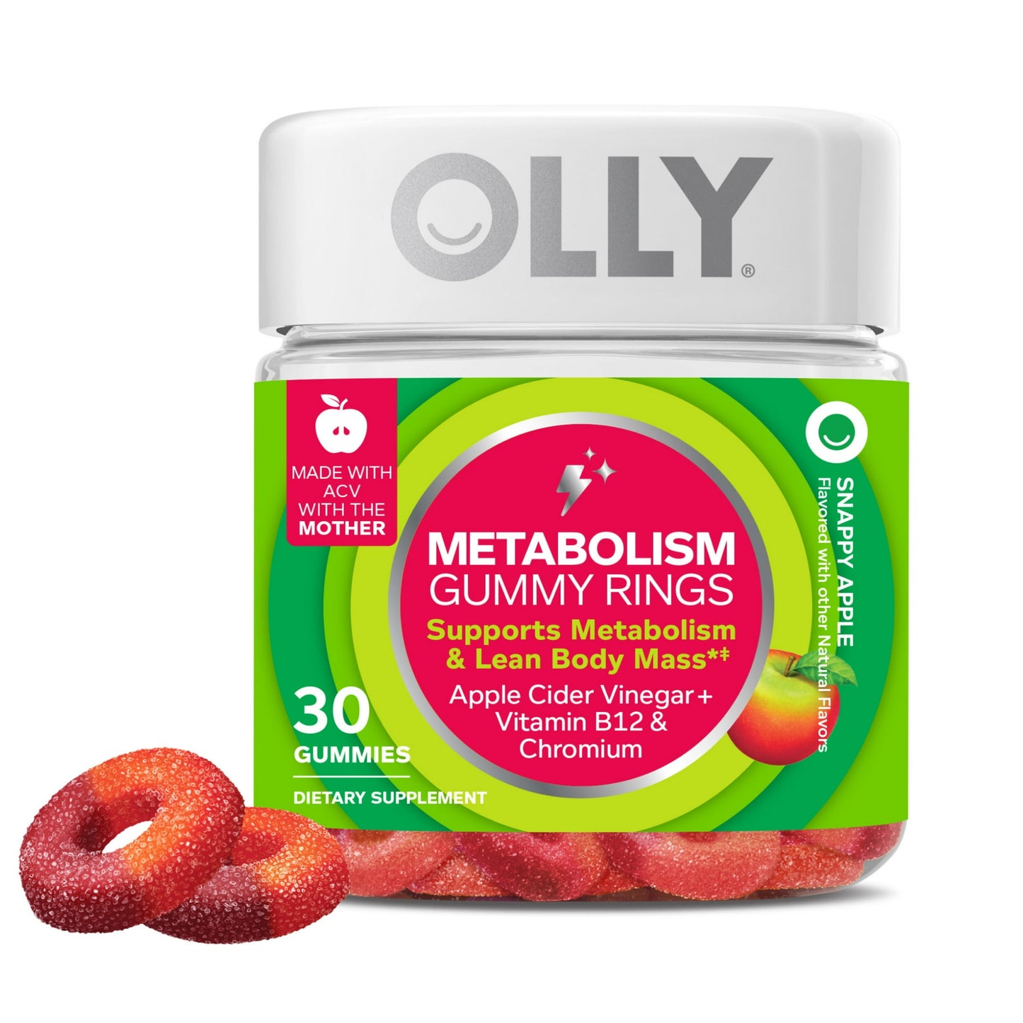 OLLY Metabolism Gummy Rings are packed with goodness to improve carbohydrate and lipid metabolism, promote steady energy, digestive health and rev energy production.* They’re expertly blended with Chromium, a clinically-studied dose that supports lean body mass and helps boost metabolism, Apple Cider Vinegar with the "mother" (strands of protein containing gut-friendly probiotics) and Vitamin B12, the fuel your body needs to burn without burnout.* The gummy rings come in a super delicious Snappy Apple flavo