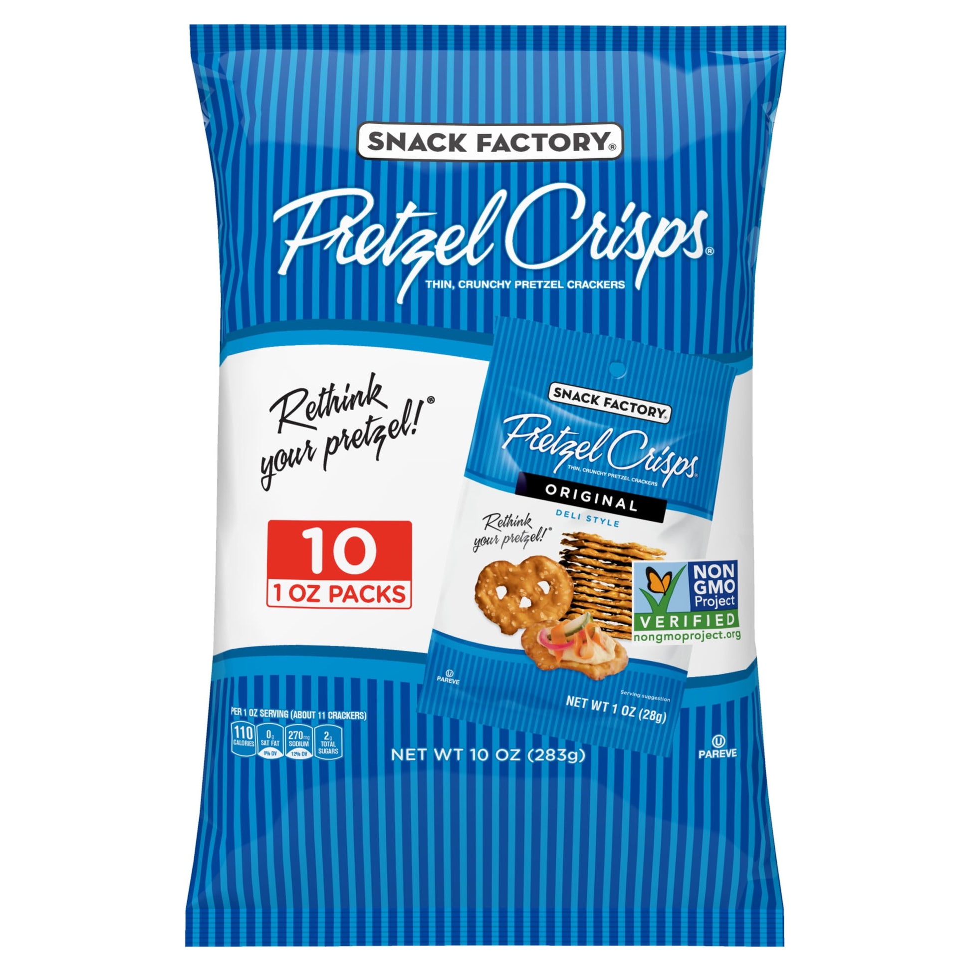 Snack Factory Original Pretzel Crisps are a modern twist on traditional pretzels. Baked thin and crunchy, this snack is a tasty, gourmet alternative to an old favorite. Pretzel Crisps give you the best part of pretzels without the doughy center, so they always have the crunch you love. Made from quality ingredients, they’re Non-GMO Project Verified. Always baked just right, their slim but sturdy profile holds up to almost anything, so Pretzel Crisps pair perfectly with salsa, hummus, cheese, peanut butter o