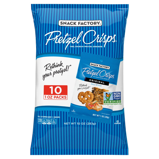 Snack Factory Original Pretzel Crisps are a modern twist on traditional pretzels. Baked thin and crunchy, this snack is a tasty, gourmet alternative to an old favorite. Pretzel Crisps give you the best part of pretzels without the doughy center, so they always have the crunch you love. Made from quality ingredients, they’re Non-GMO Project Verified. Always baked just right, their slim but sturdy profile holds up to almost anything, so Pretzel Crisps pair perfectly with salsa, hummus, cheese, peanut butter o