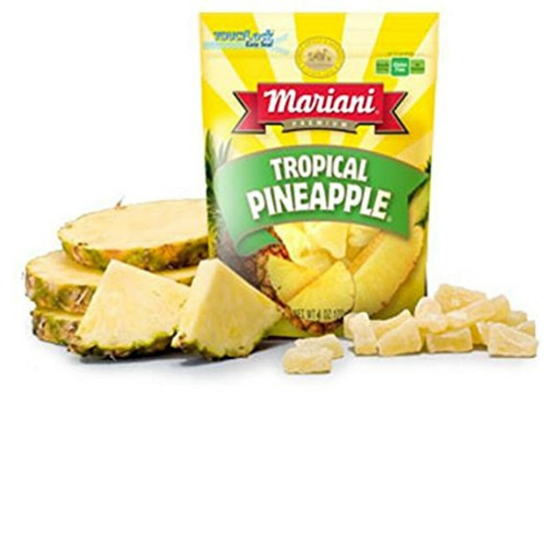 Pineapple, Tropical, Pouch 6 OZ Touchlock easy seal. Family owned & operated since 1906. Per 1/3 Cup Serving: naturally fat free; gluten free; no cholesterol. Our Family's Best since 1906. Mariani Tropical Pineapple is hand-selected from the coastal beaches of Thailand, sliced and bathed in pineapple juice for a succulent, tantalizing taste of the tropics. You can enjoy this tasty treat at home, in the office, at the beach, or on the go! From our family to yours, Mark Mariani. No cholesterol. Excellent sour