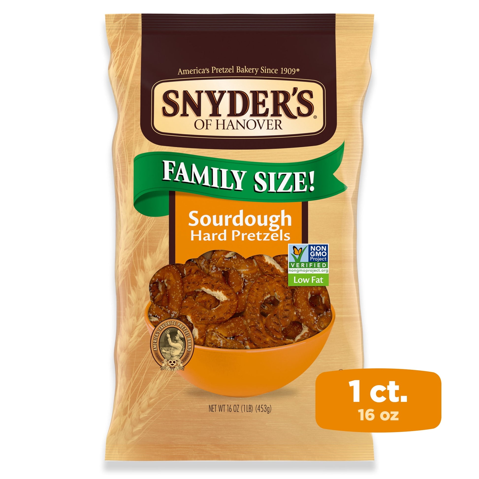 With Snyder's of Hanover Sourdough Hard Pretzels,you can enjoy the great taste of aged sourdough in a crunchy, traditional pretzel shape. Everyone can enjoy this Non-GMO Project Verified snack, which is made in a facility that does not process peanuts. That makes them ideal for school, lunches, sports and on the go. Or pair this fat-free snack with hummus, cheese spreads, dips, or enjoy them right out of the bag. Snyder's of Hanover has been America's Pretzel Bakery since 1909 and our pretzels give you that