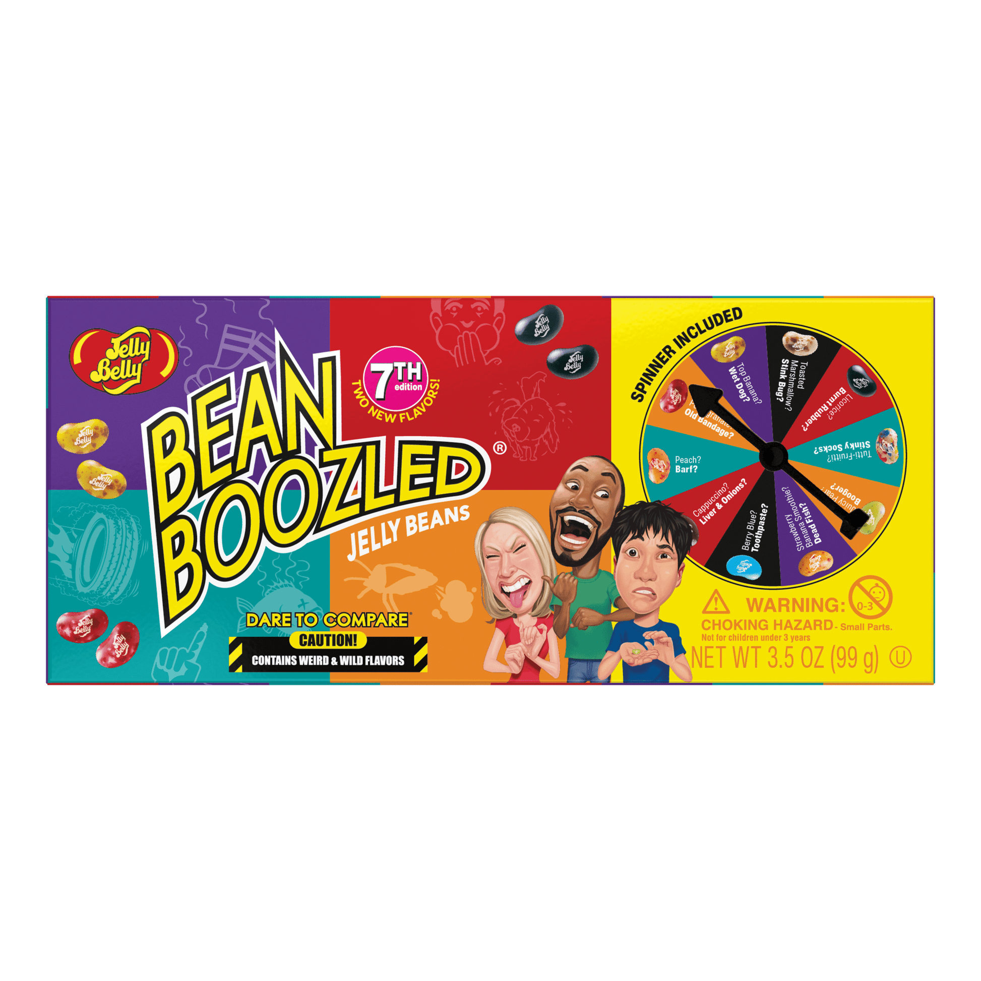 Ten deliciously flavored Jelly Belly® jelly beans (like Top Banana) are paired with ten look-alike weird and wild-flavored jelly beans (like Wet Dog). Take turns spinning the BeanBoozled wheel to see what flavor combination you’ll land on. • Two new flavors – Wet Dog and Burnt Rubber