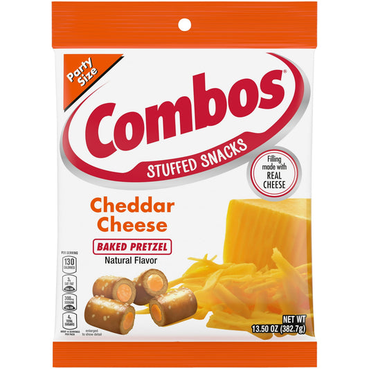 Change up your boring snack routine with COMBOS Cheddar Cheese Pretzel Baked Snacks. Crunchy bite-sized pieces are the perfect COMBO-nation of real cheese and baked pretzels. This party size bag contains enough tasty COMBOS Snacks to share with friends. COMBOS snacks made with real cheese are perfect for enjoying anytime of the day. Pack COMBOS Cheddar Cheese Pretzels for a satisfying road trip snack. Game night snack food spreads need COMBOS cheddar cheese pretzels. Make sure to include COMBOS Cheddar Chee