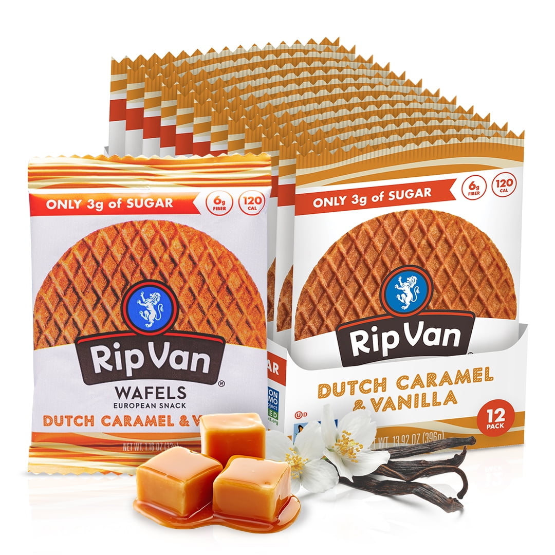 "Rip Van WAFELS are a delicious, chewy treat inspired by traditional Dutch Stroopwafels. Made with real ingredients, these Dutch Caramel & Vanilla snacks allow you to indulge guilt-free. Perfect for on-the-go and coffee breaks, each wafel is only 120 calories. Rip Van WAFELS have 50% less sugar than Oreos, Tate's, and BelVita, and offer 3 times more fiber than Nutri-Grain and Nature Valley bars. Endurance athletes love their low-sugar, high-carb ratio for longer, stronger training sessions. These nutritious