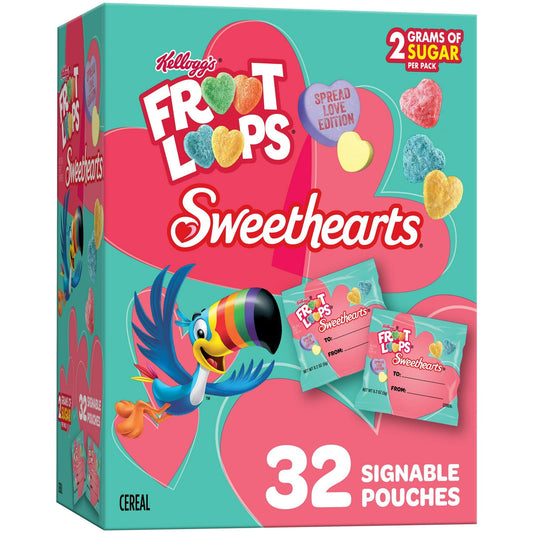 Follow your nose to delicious bursts of fruity flavor in Kellogg's Froot Loops Sweethearts cereal snacks. Perfectly sweet for Valentine's Day snacking, dig into vibrant crunchy heart-shaped pieces everyone will enjoy. It's like a heart-shaped rainbow in every pouch. Fun to eat for adults and kids, these healthy cereal snacks come in signable pouches that make classroom sharing easy; The entire family can enjoy as a quick morning snack, afternoon pick-me-up or as a late-night treat. These delicious crunchy F