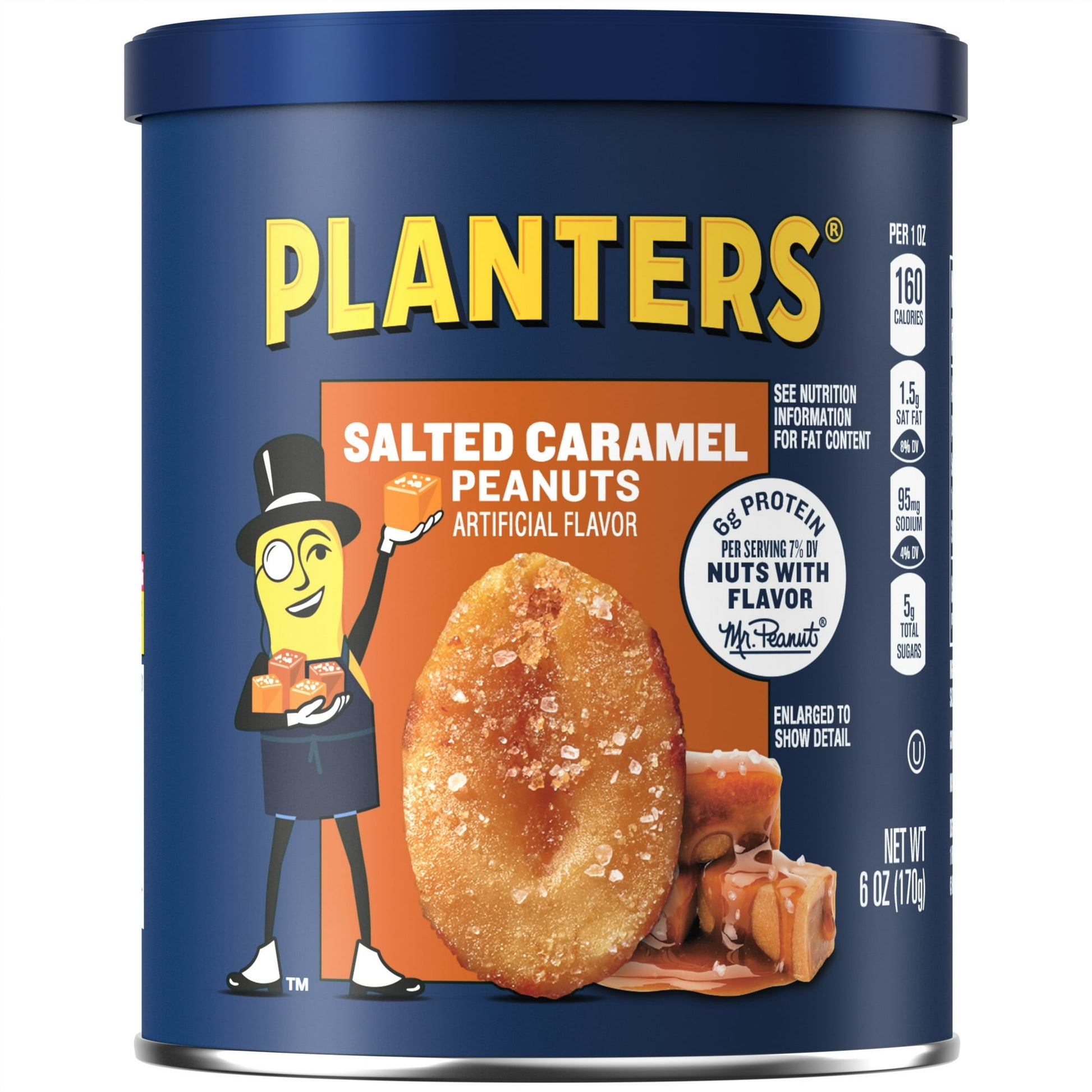 PLANTERS Salted Caramel Peanuts have all your cravings covered with a satisfying combination of sweet and salty flavors. For more than 100 years, the makers of PLANTERS nuts have been bringing people together with irresistibly crunchy and tasty snacks for any occasion. These premium salted caramel flavored roasted peanuts keep that tradition alive by bringing together the sweetness of caramel flavor and the rich roasted flavor of salted peanuts. Crave better with Kosher snacks that have 6 grams of plant-bas