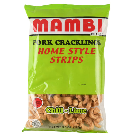 Pork Cracklings, Chili-Lime, Home Style Strips, Bag 9.5 OZ Total Carbs Per Serving: 0 grams. US Inspected and passed by Department of Agriculture. Allergens: Dairy. 9.5 oz (270 g) Hialeah, FL 33010 305-888-1914