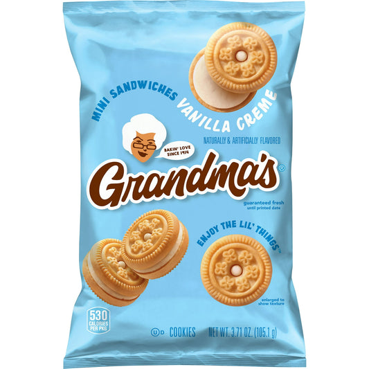 Grandma's Mini Vanilla sandwich crèmes cookies offer up delicious homemade memories. These snacks are perfect for packing in a lunch, enjoying in the car, after school, or even at work. With 24 individually wrapped packs, there's some for everyone to enjoy. Every Grandma's snack is baked with love to transport you to your happy place with every bite.