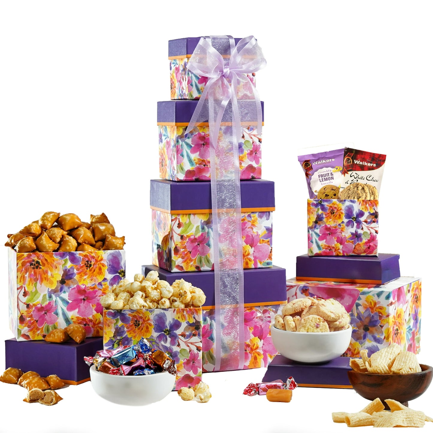 This 4 box gift tower will impress your friends, family, or colleagues with your warm wishes. This gift tower is hand tied with a bow for that perfect presentation.