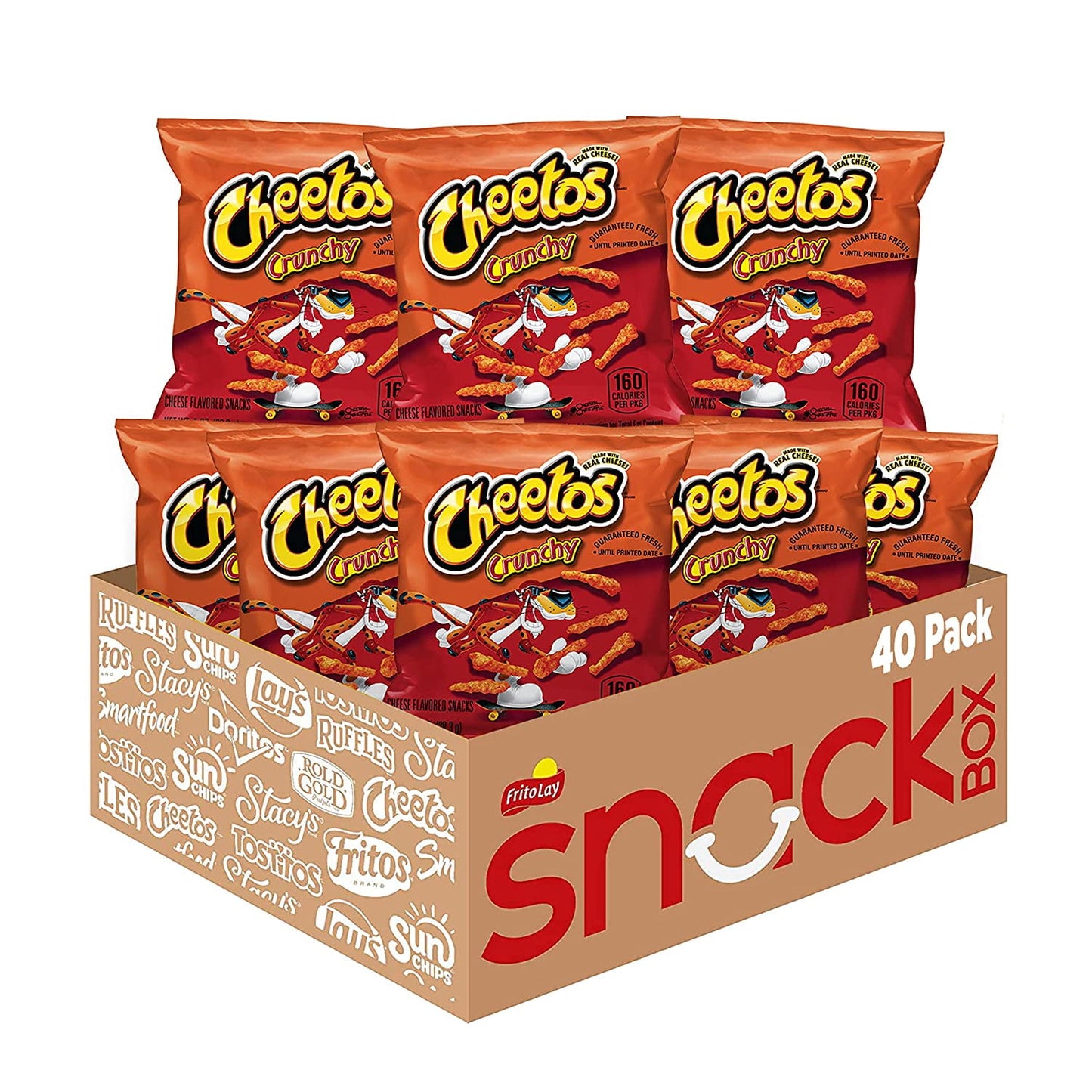 Cheetos Crunchy Cheese Flavored Snacks, 1oz Bags (40 Pack): 40 single serve bags of Cheetos Crunchy in one convenient snack pack. Bring a cheesy, delicious crunch to snack time with a bag of CHEETOS® Crunchy Cheese-Flavored Snacks. Made with real cheese for maximum flavor.