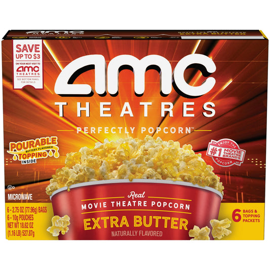 Butter lovers, make movie nights at home feel more magical with AMC Theatres Microwave Popcorn, Extra Butter. Inspired by the rich, buttery taste and irresistible aroma of the famous AMC Theatres Perfectly Popcorn recipe, this extra indulgent microwave popcorn delivers bold buttery flavor and includes a topping packet so you can drizzle even more buttery taste into each bite. We select the best kernels which pop bigger, eat more tender and leave fewer unpopped kernels in the bag. Now you can enjoy real movi