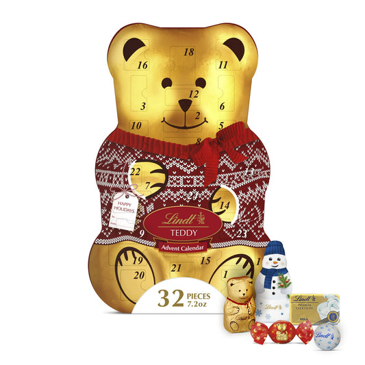 Celebrate the holiday season with Lindt's TEDDY shaped Advent Calendar! Behind each window, you'll find a delicious Lindt chocolate treat, including Milk Chocolate TEDDY, Mini Milk Chocolate TEDDIES with Double Milk Filling, Mini Double Milk Chocolate Balls, Double Milk Chocolate Wrapped TEDDY Mini Balls, a mix of LINDOR Mini Chocolate Balls, LINDOR Milk Truffles, Solid Milk Chocolate Wrapped TEDDY Mini Balls, Mini Milk Chocolate Napolitans, and Mini Milk Chocolate Snowman. Indulge in the rich, creamy taste