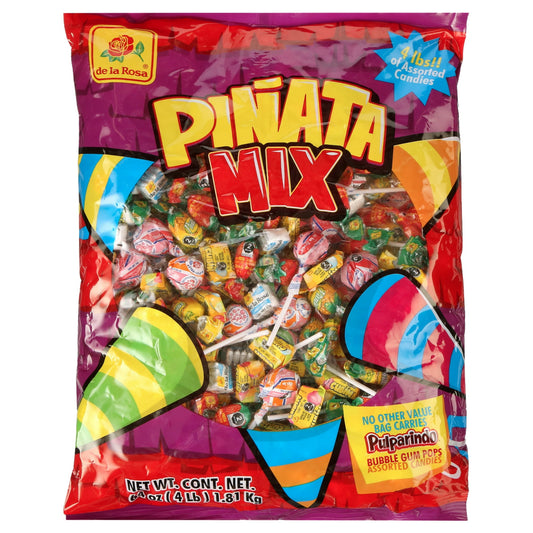 Assorted Pinata Candy for Any Fiesta De La Rosa Pinata Candy Mix features a nostalgic mix of individually wrapped, fruit-flavored, traditional Mexican candy and gum that can be used to fill up pinatas, goody bags, or party favors for any get-together, from a birthday party to a graduation party. This 64-ounce assorted candy bag includes a mix of gum, hard candy, and lollipops in a variety of fruit flavors. Add some party games and party snacks, and let the fiesta begin!